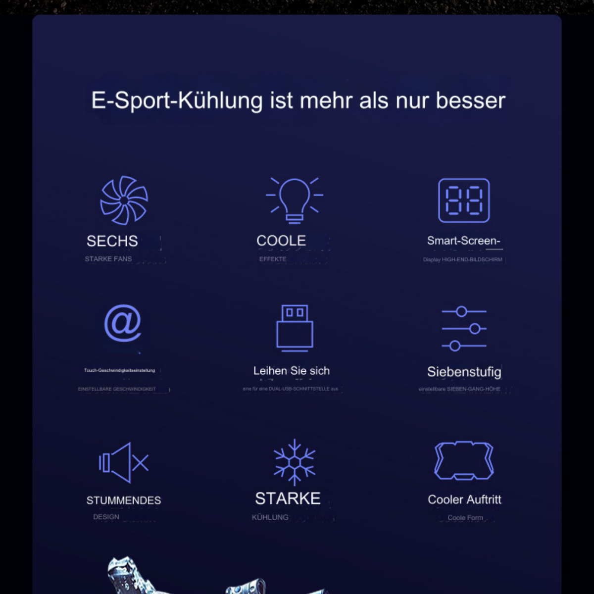 Infografik mit Symbolen für Kühlung, Lüfter und Design. Text: E-Sport-Kühlung ist mehr als nur besser.
