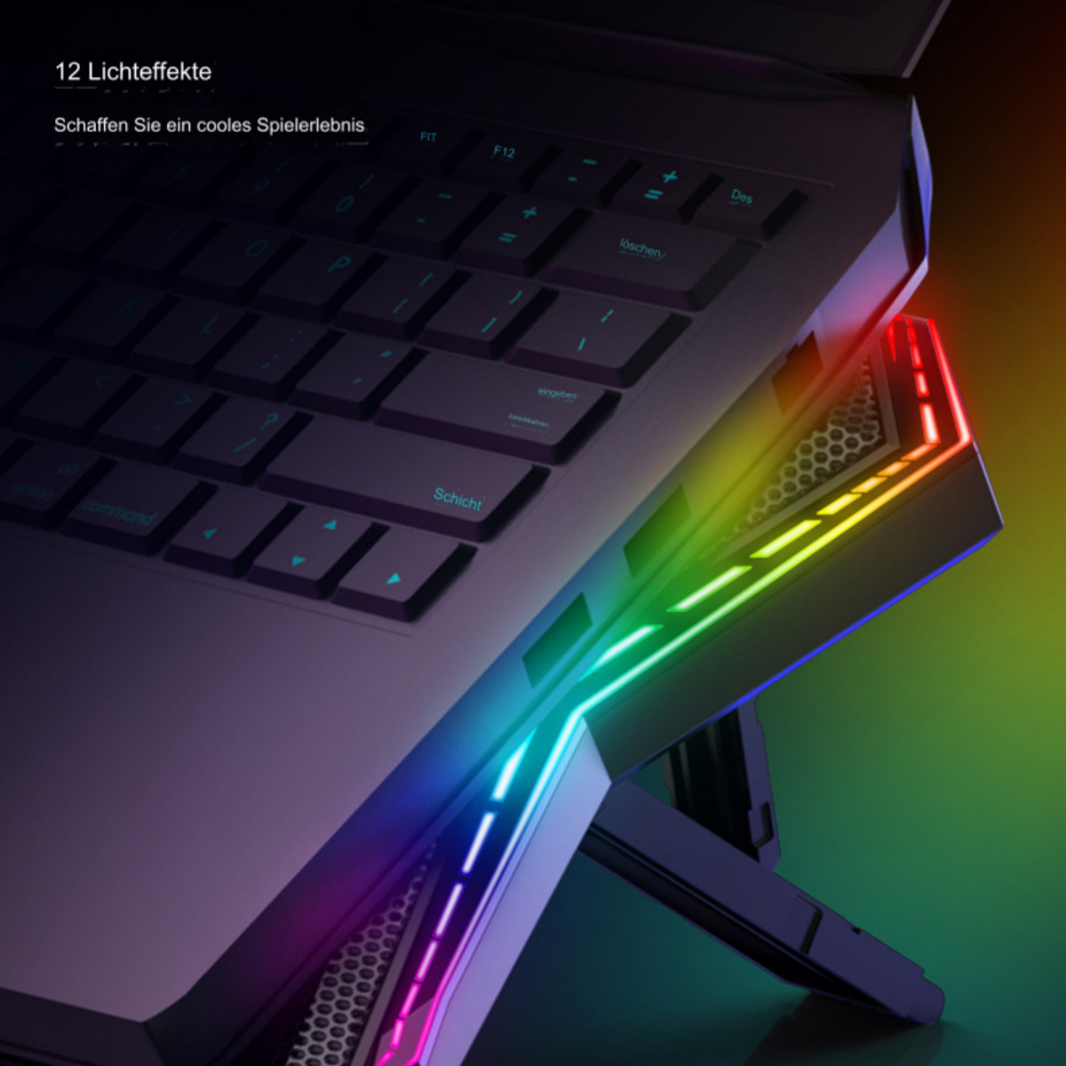 Laptop mit bunten RGB-Lichtern an der Unterseite, Tastatur sichtbar.