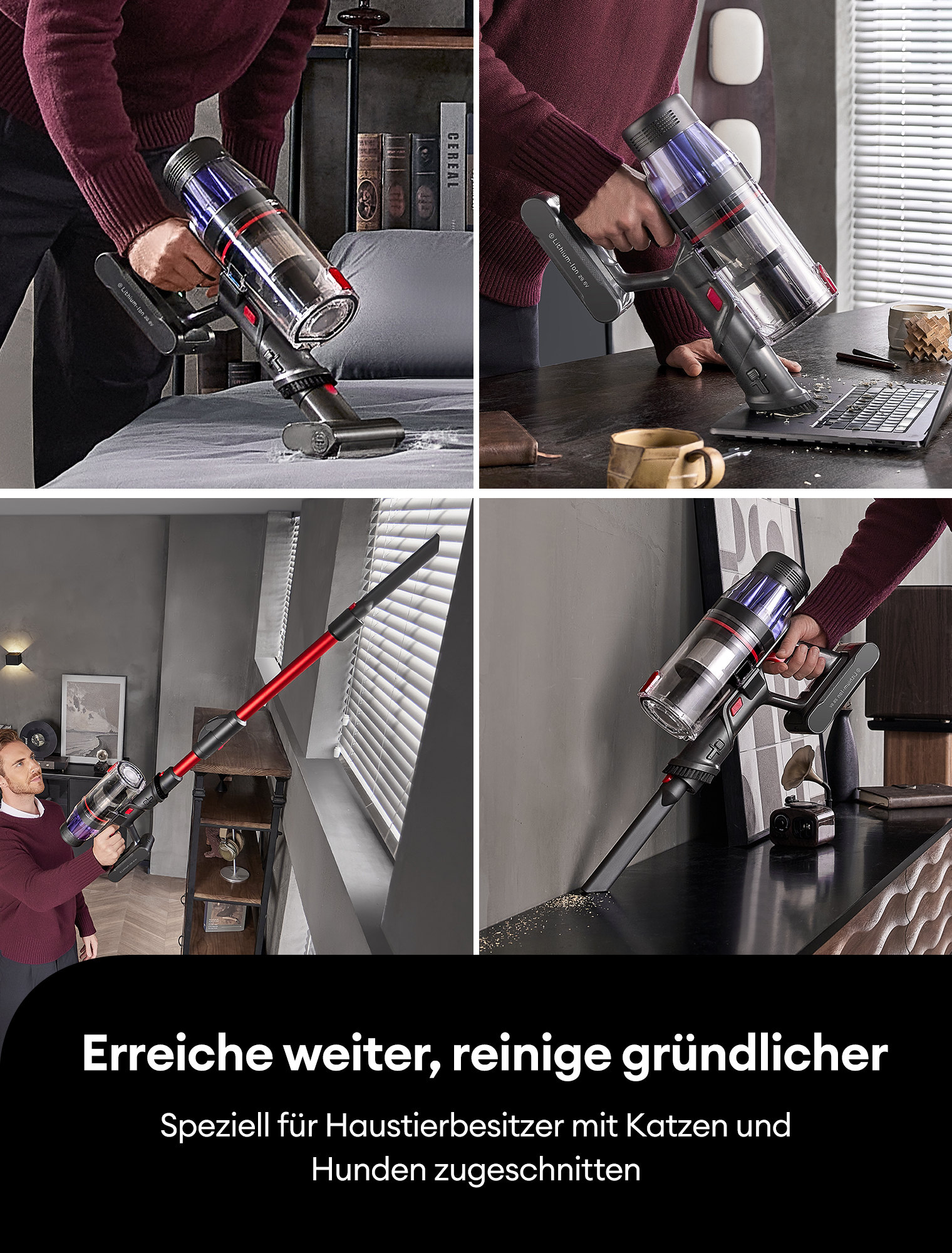 Staubsauger in verschiedenen Szenarien im Einsatz, mit Text: Weiter reichen, gründlicher reinigen.
