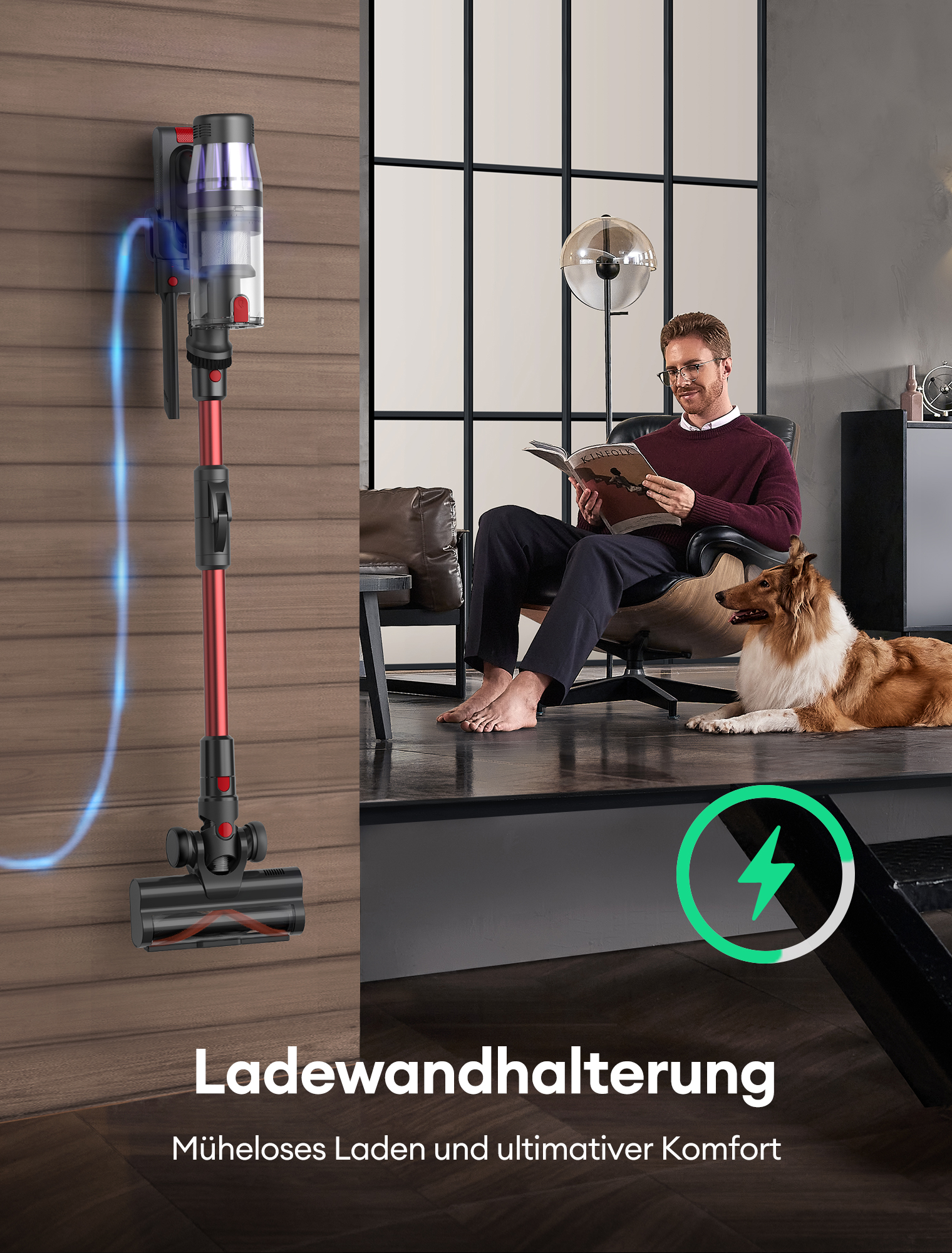 Lesende Frau, Staubsauger lädt an der Wand; Ladeanzeige, Hund neben der Frau.
