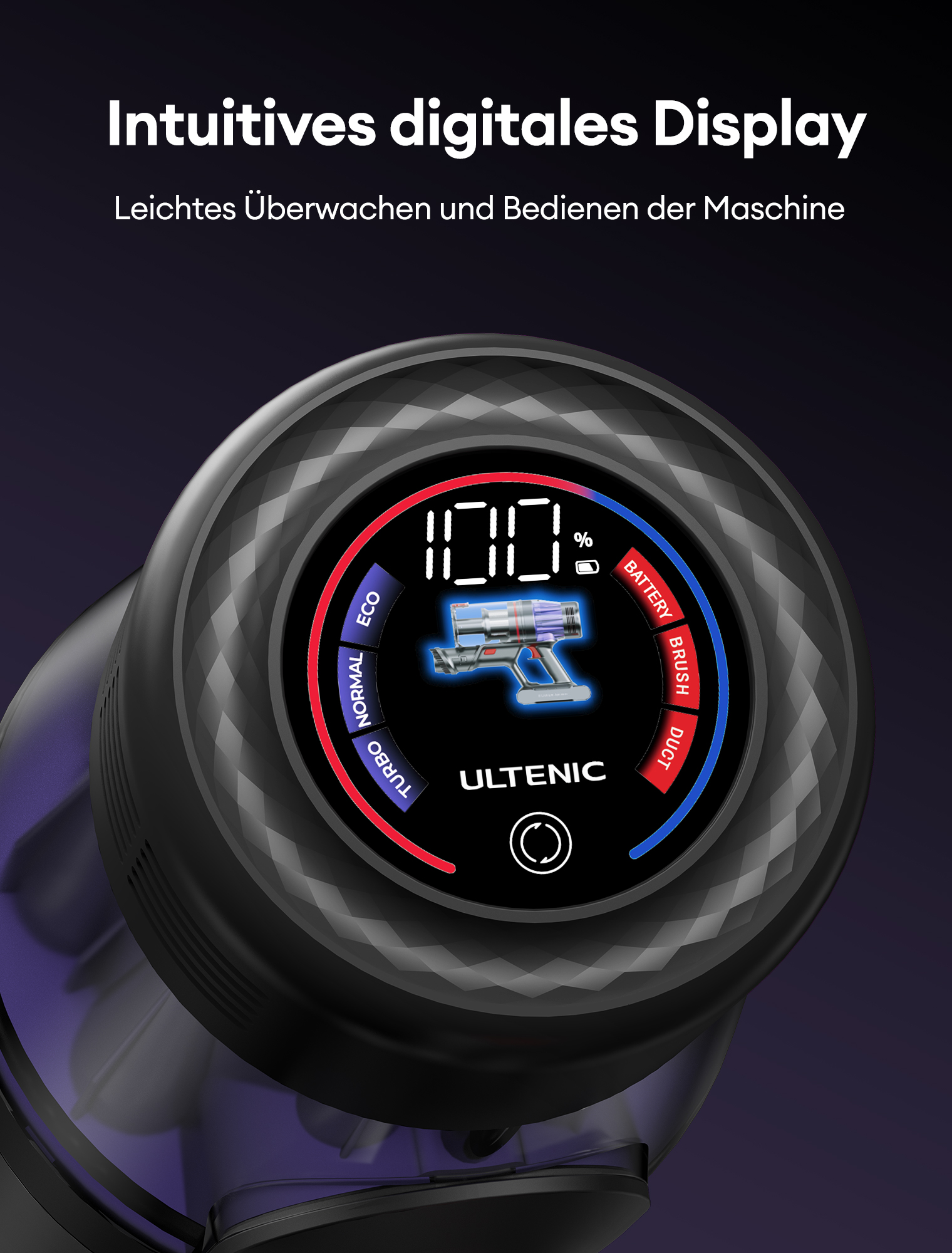 Schwarzes Staubsaugerdisplay mit Batterie- und Leistungseinstellungen in Blau und Rot.