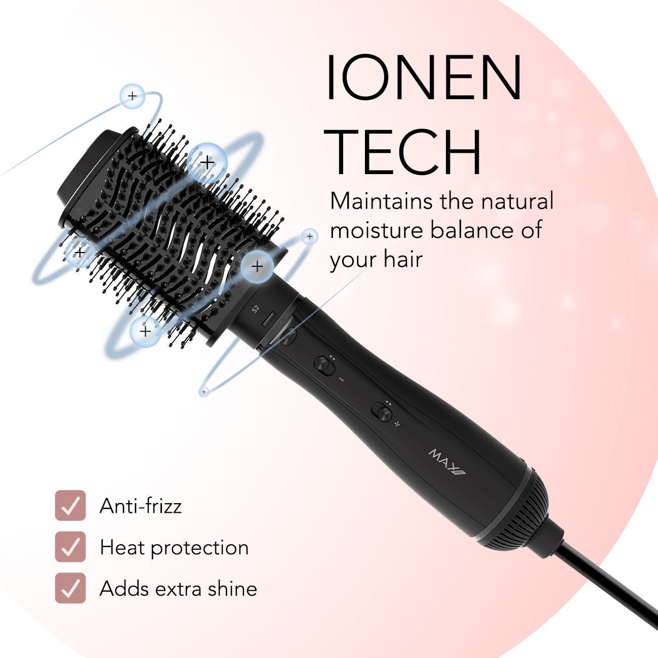 Schwarze Haarbürste mit Ionentechnologie, auf pinkfarbenem Hintergrund.