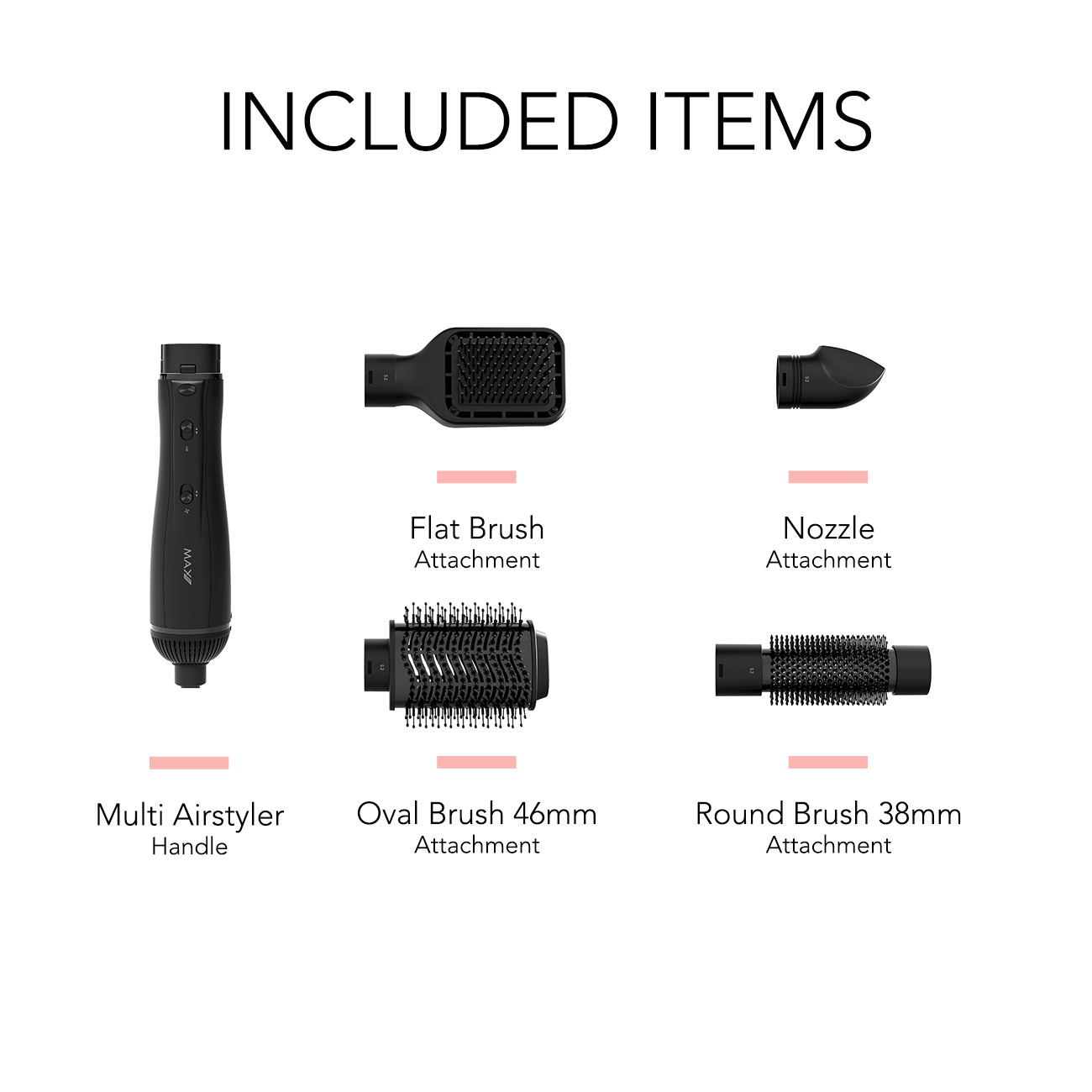 Haarstyling-Werkzeuge, darunter ein Multi-Airstyler, eine Flachbürste und zwei Rundbürsten.