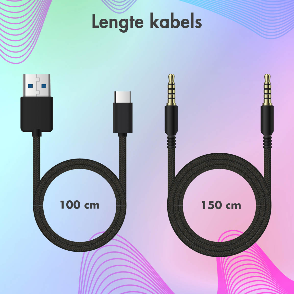 Twee zwarte kabels: USB naar USB-C en 3,5 mm audio. Lengtes zijn 100 cm en 150 cm.