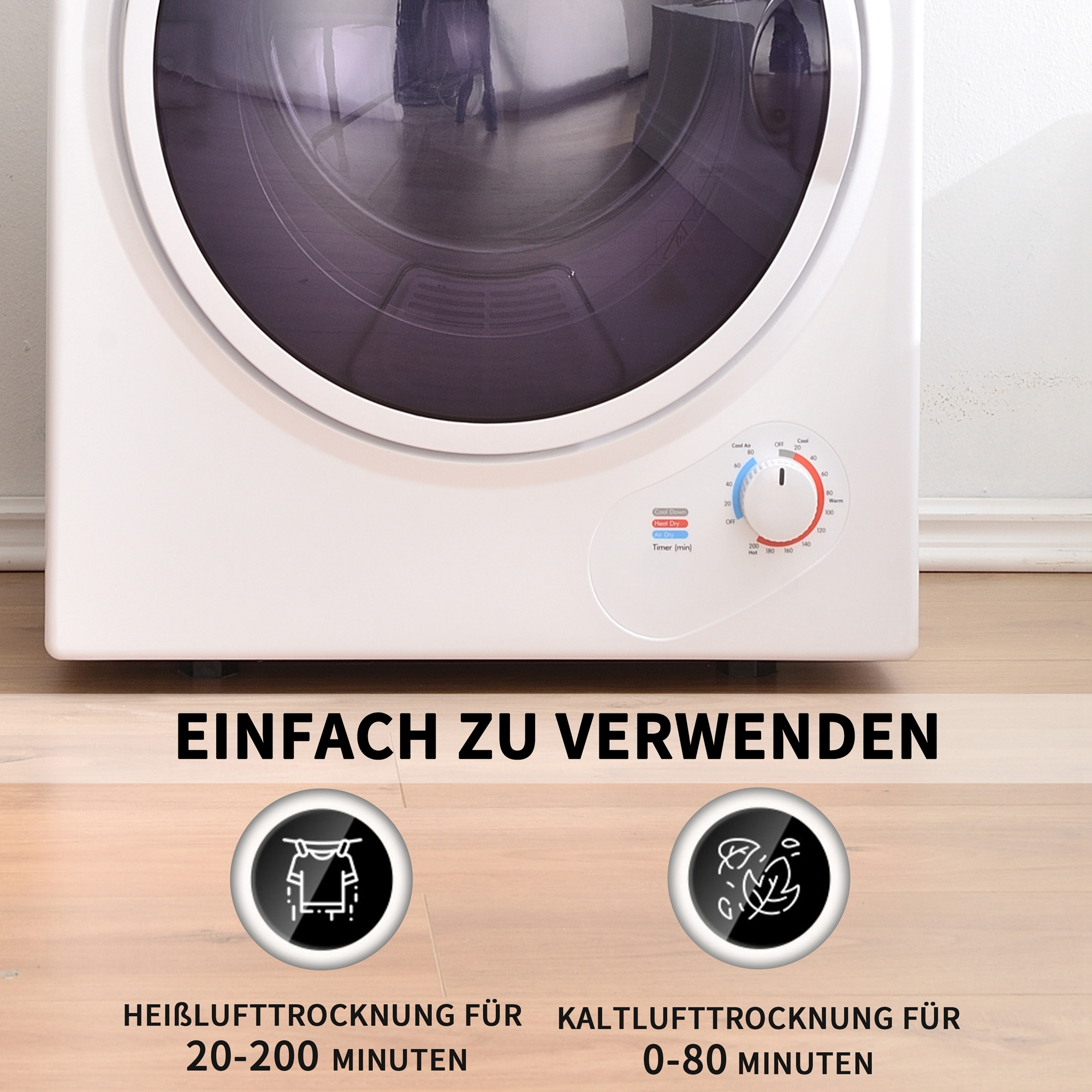 Ein weißer Trockner mit dunkler Tür. Darunter zwei Symbole, die Heiß- und Kaltlufttrocknungsfunktionen erklären.