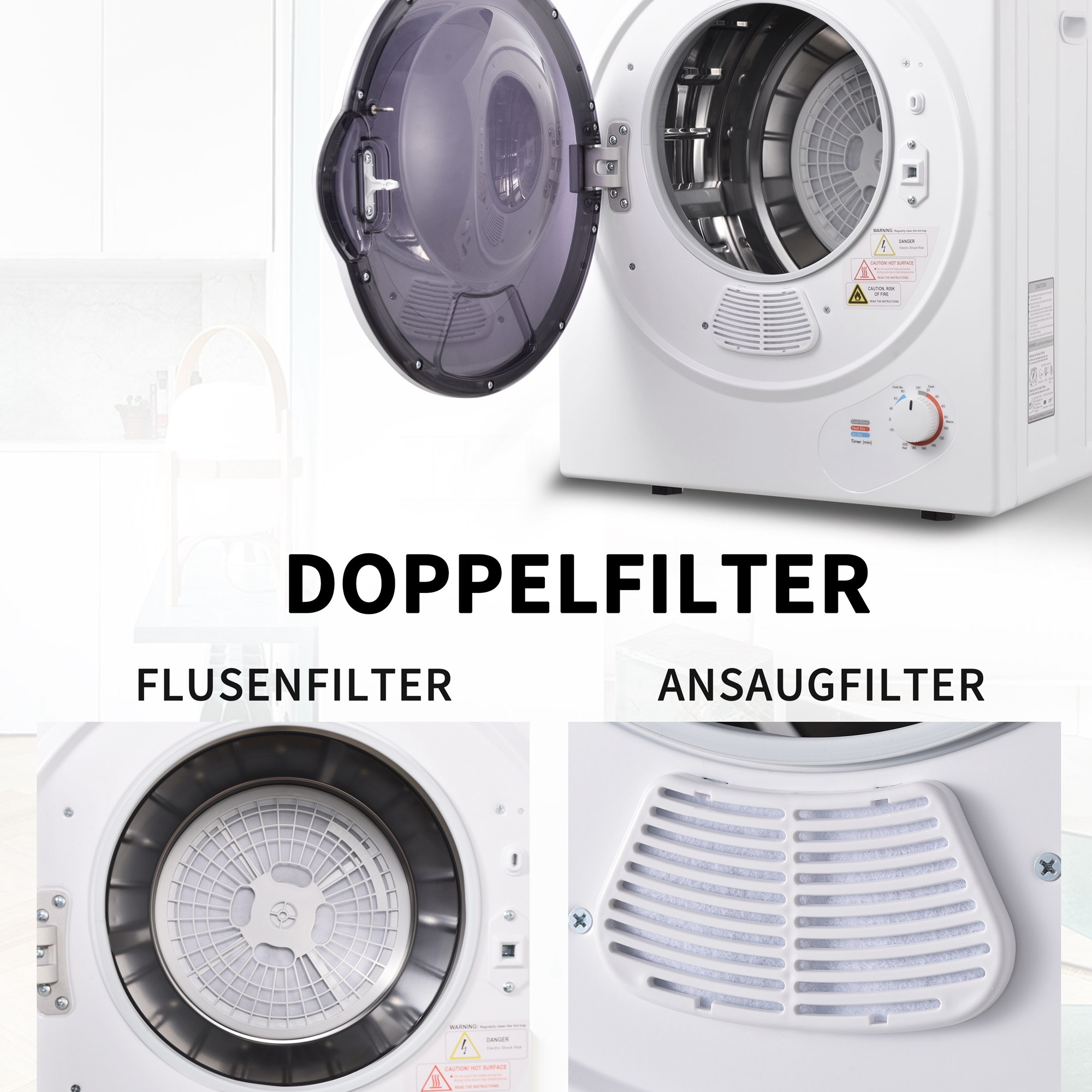 Ein weißer Trockner mit Filtern wird gezeigt. Die Filter sind zur Inspektion geöffnet.