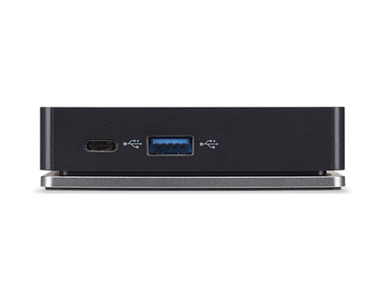Zwart rechthoekig apparaat met USB- en voedingspoorten, zilveren basis.
