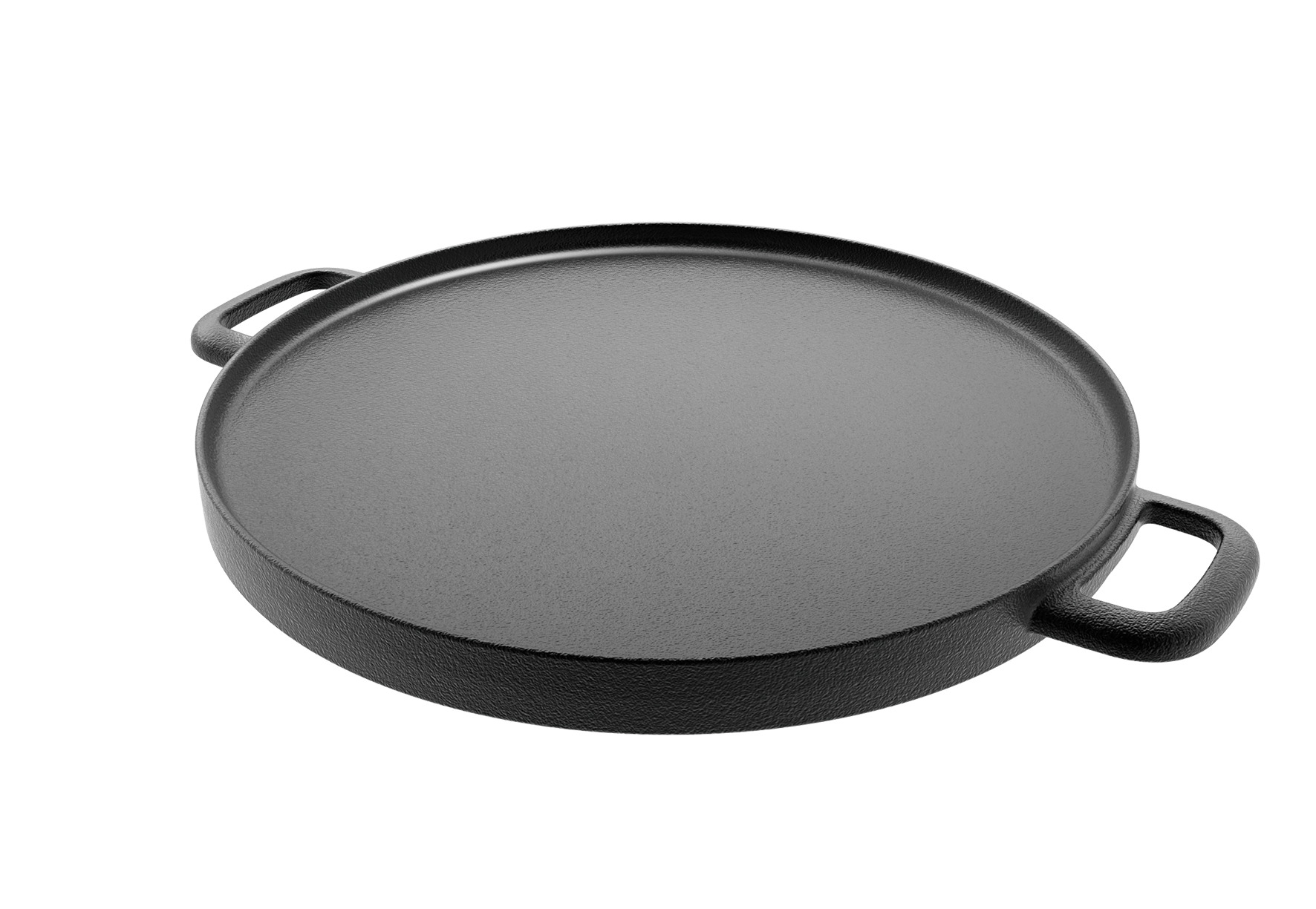 Schwarze Pizza-Pfanne aus Gusseisen auf weißem Hintergrund.