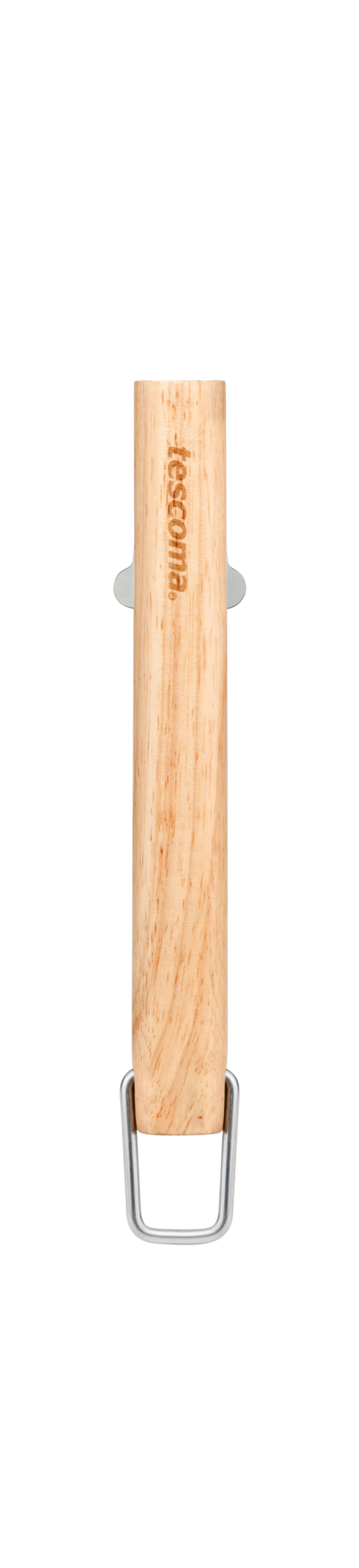 Ein Holzgriff mit Metallaufsätzen.