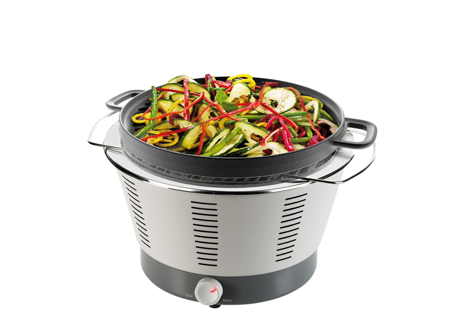 Pfanne mit bunten Gemüse auf weißem Ständer mit Heizelement und Temperaturregelung.