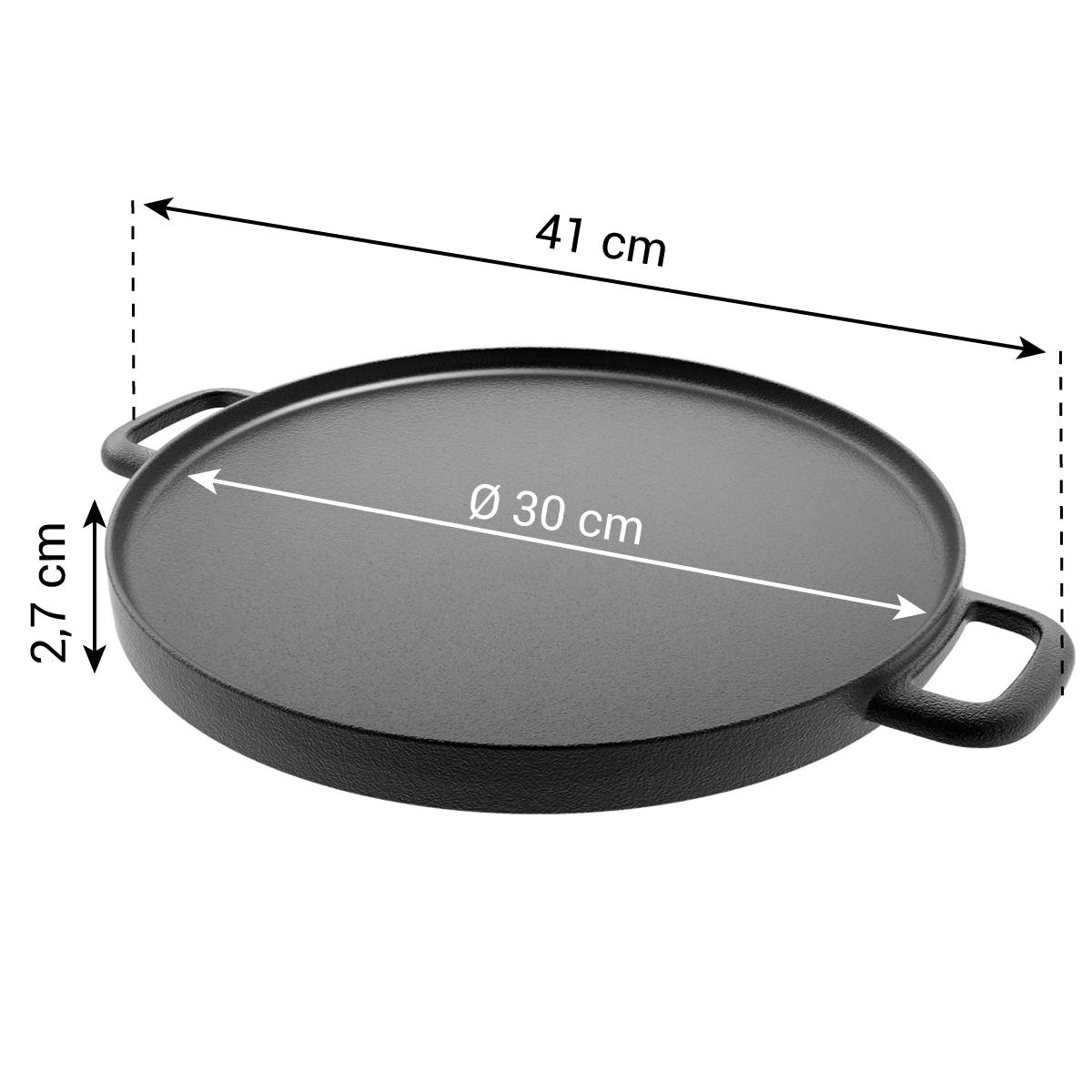 Runde, schwarze Gusseisen-Grillpfanne mit zwei Griffen. Abmessungen sind 41cm x 30cm x 2,7cm.