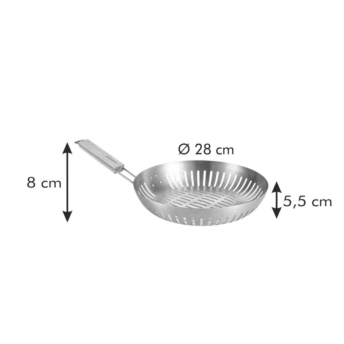 Ein Edelstahl-Frittierkorb mit angegebenen Abmessungen.