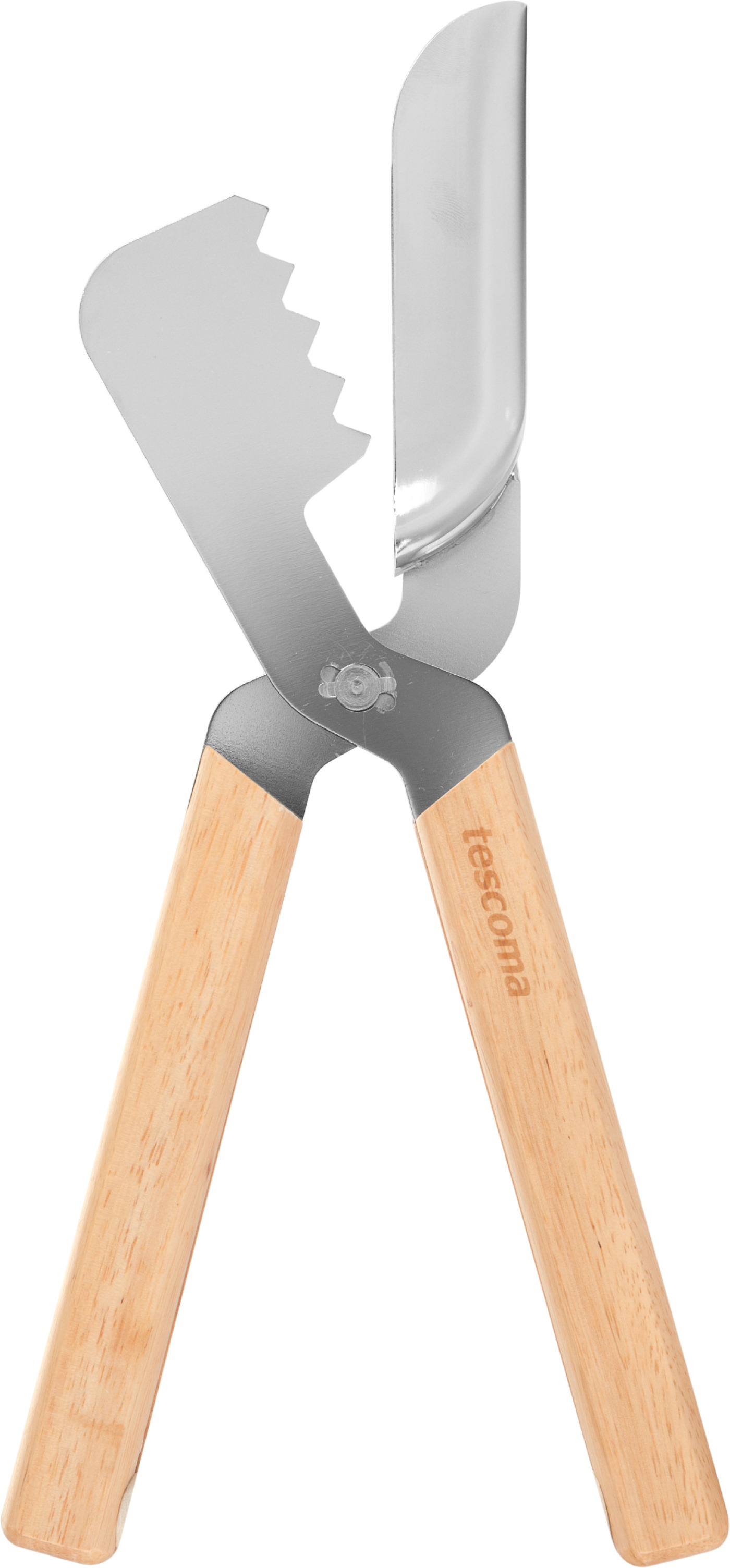 Ein Küchenwerkzeug mit gezahnter Klinge und Holzgriffen, zum Schneiden bestimmt.
