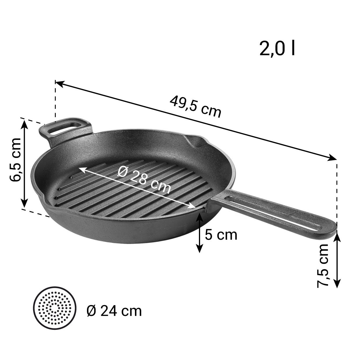 Schwarze Grillpfanne aus Gusseisen mit Maßangaben.