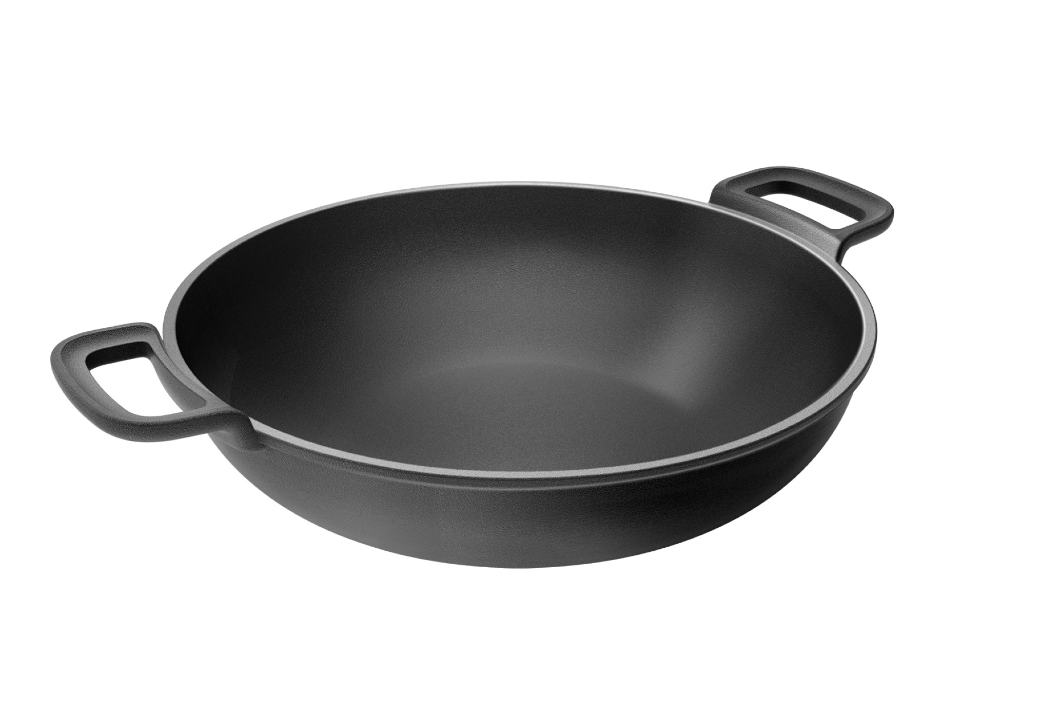 Schwarze Wok-Pfanne mit zwei Griffen, isoliert auf weißem Hintergrund.
