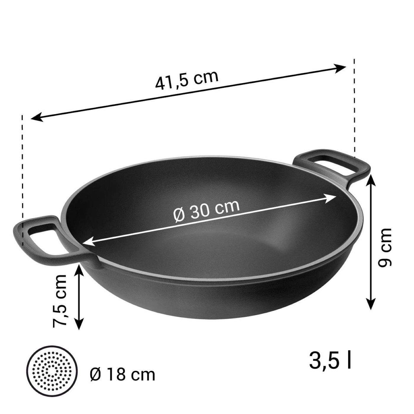 Eine schwarze Kochpfanne mit zwei Griffen und Abmessungen. Durchmesser 30 cm, Tiefe 9 cm, Fassungsvermögen 3,5 Liter.