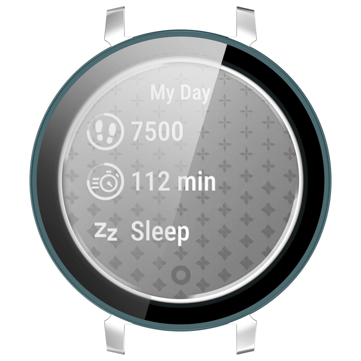 Smartwatch-Zifferblatt mit 'My Day', Schritten (7500), Aktivitätszeit (112 Min.) und 'Sleep' mit Symbolen.