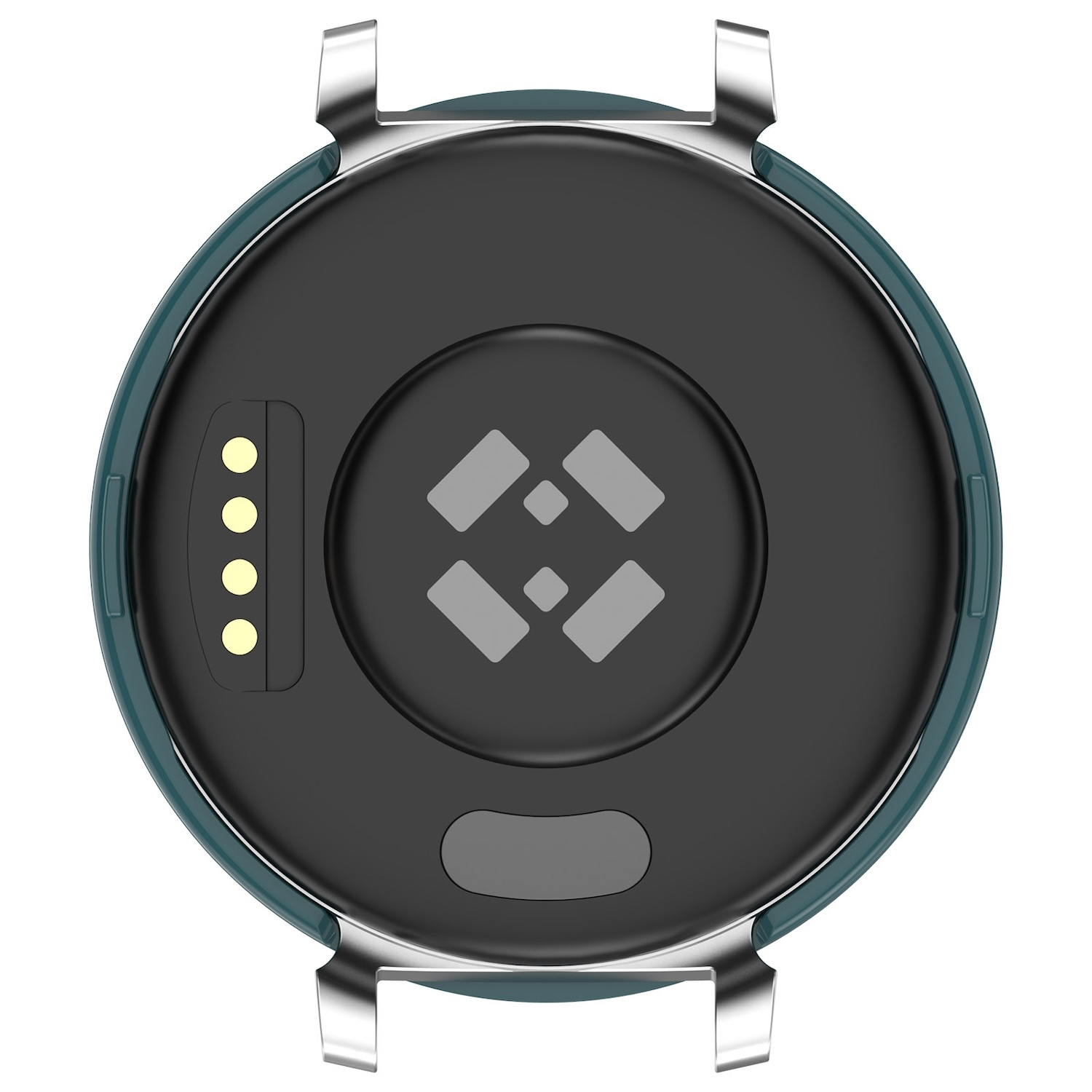 Rückansicht einer Smartwatch. Schwarzes Rückteil mit Sensoren, dunkelblaues Gehäuse. Weißer HG.