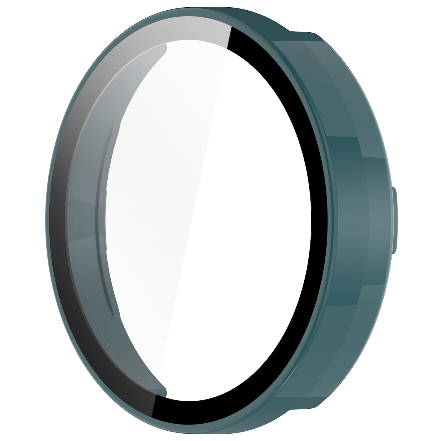 Ein türkisfarbenes Uhrengehäuse mit klarer Glasabdeckung und schwarzem Ring.