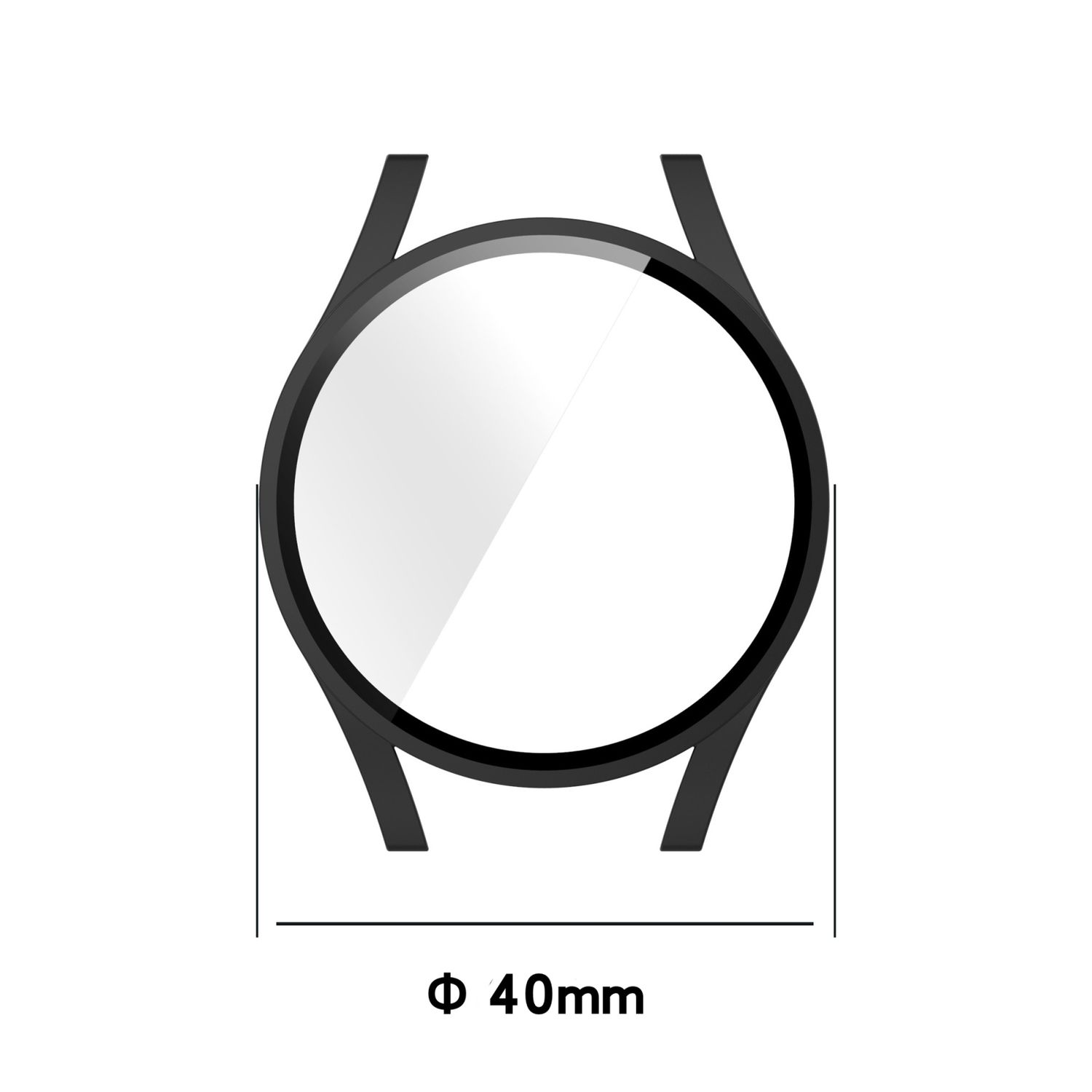 Eine schwarze Uhrenlünette mit rundem Bildschirm. Der Durchmesser der Uhr beträgt 40 mm.