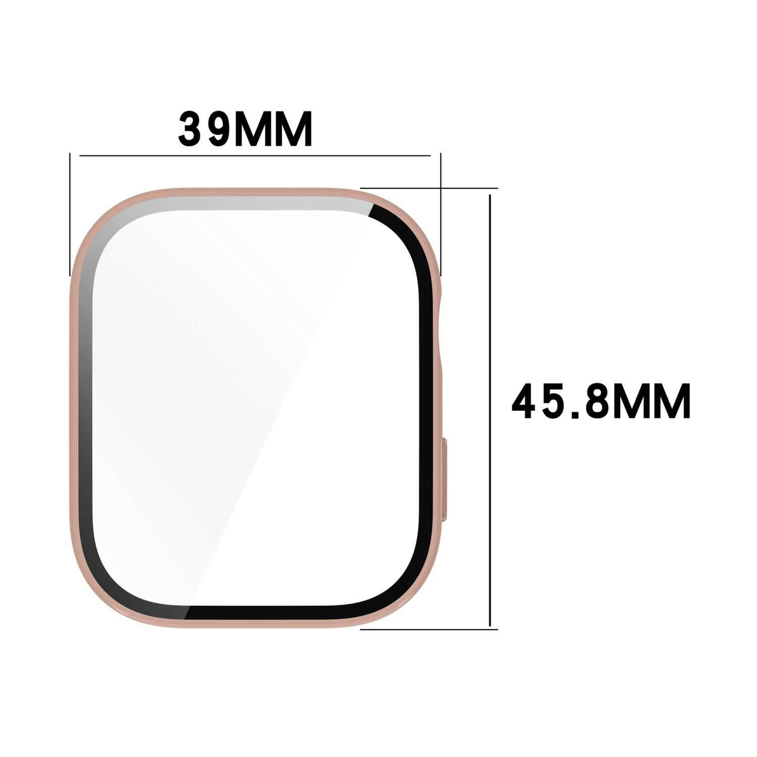 Ein quadratischer Displayschutz mit den Maßen: 39 mm x 45,8 mm, auf weißem Hintergrund.