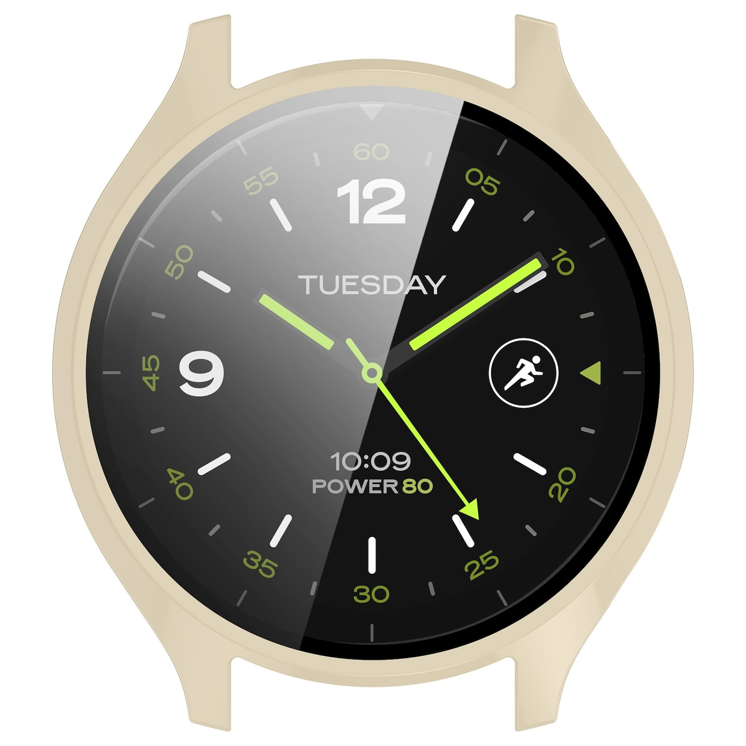 Smartwatch-Zifferblatt mit Zeit, Datum und Lauf-Icon. Beige Gehäuse.