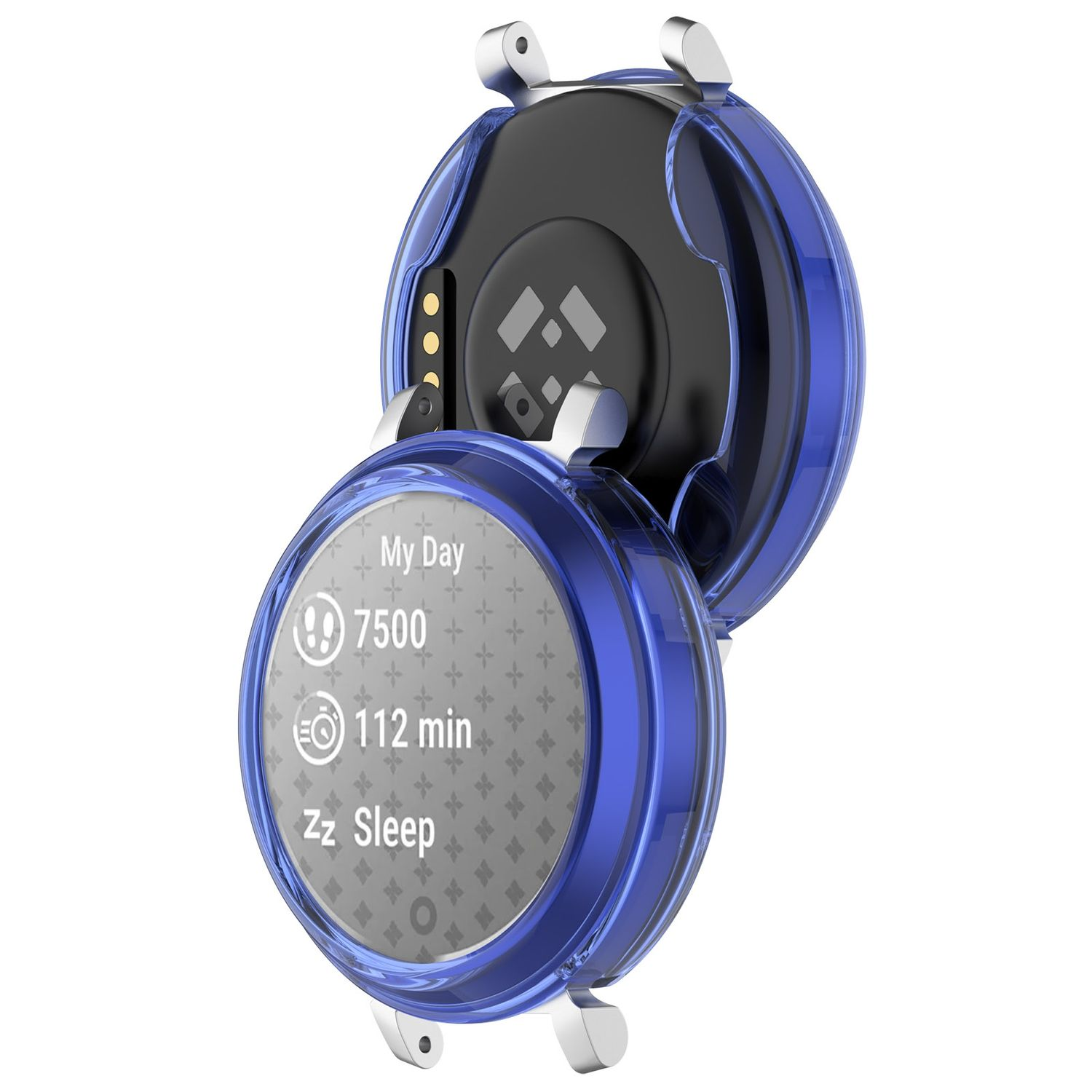 Smartwatch mit geöffneter blauer Abdeckung. Das Display zeigt Schritte, Zeit und Schlafdauer an.