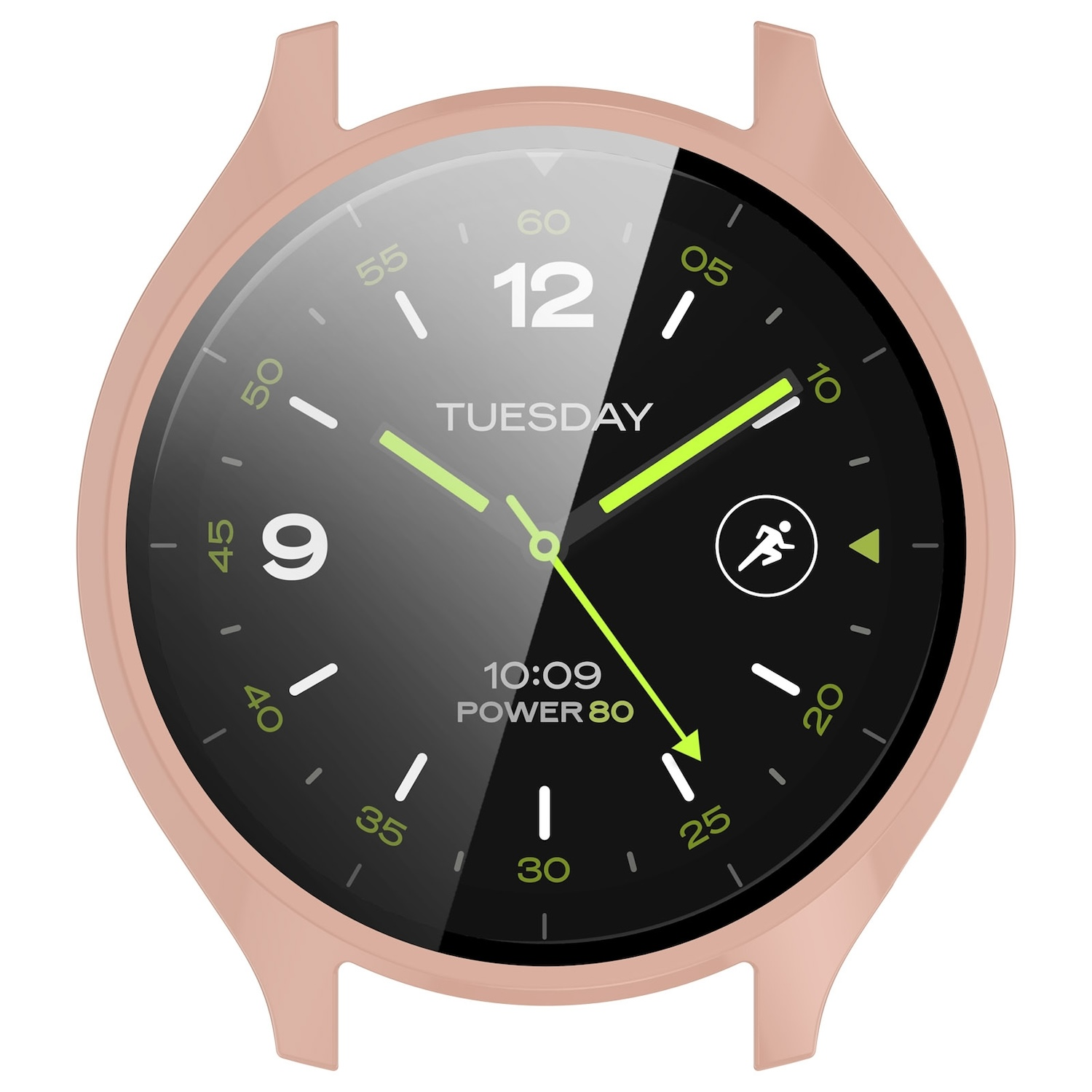 Eine roségoldene Smartwatch, die Zeit und Datum anzeigt. Das Zifferblatt ist schwarz.