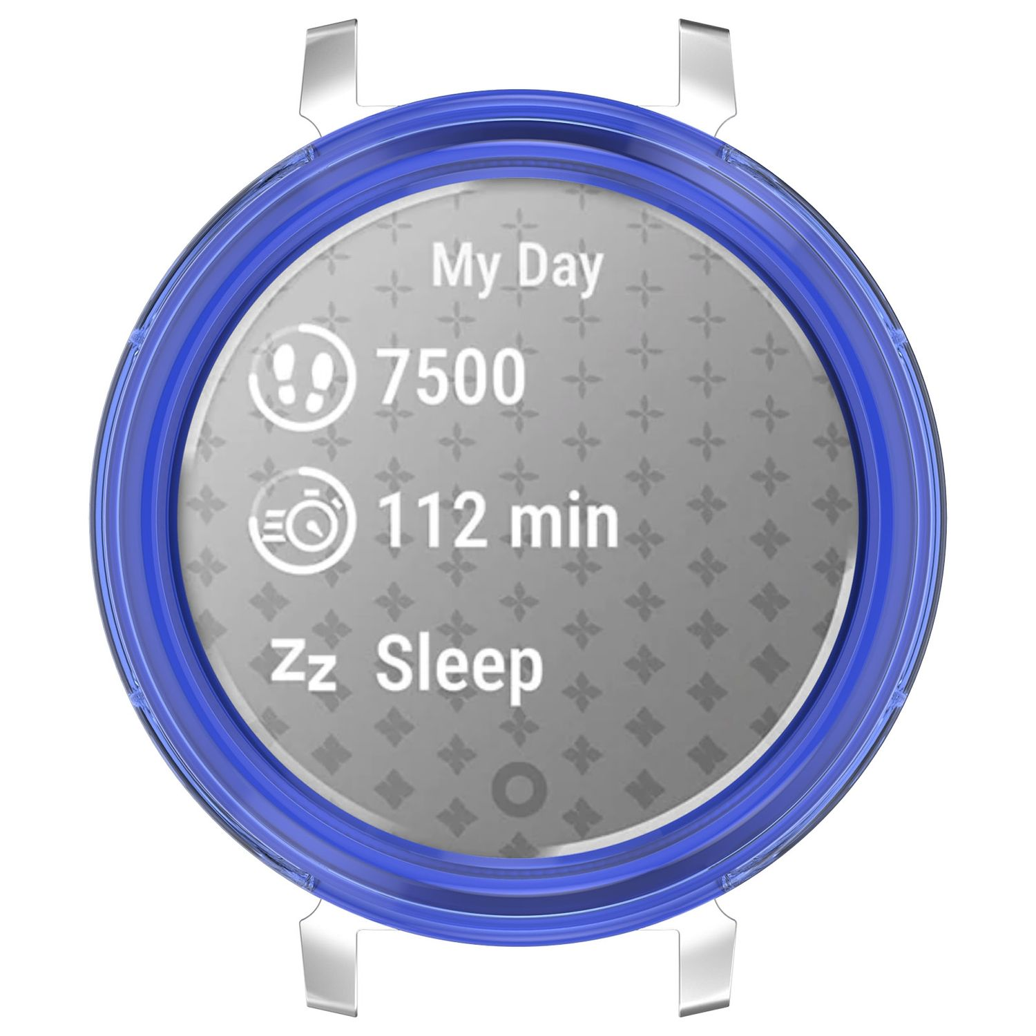 Ein blau umrandeter Smartwatch-Bildschirm, der Schritte, Aktivitätszeit und Schlafdauer anzeigt.