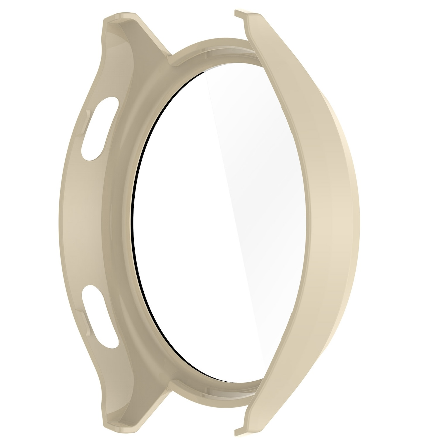 Beige Smartwatch-Gehäuse mit geöffneter, transparenter Bildschirmschutzhülle.