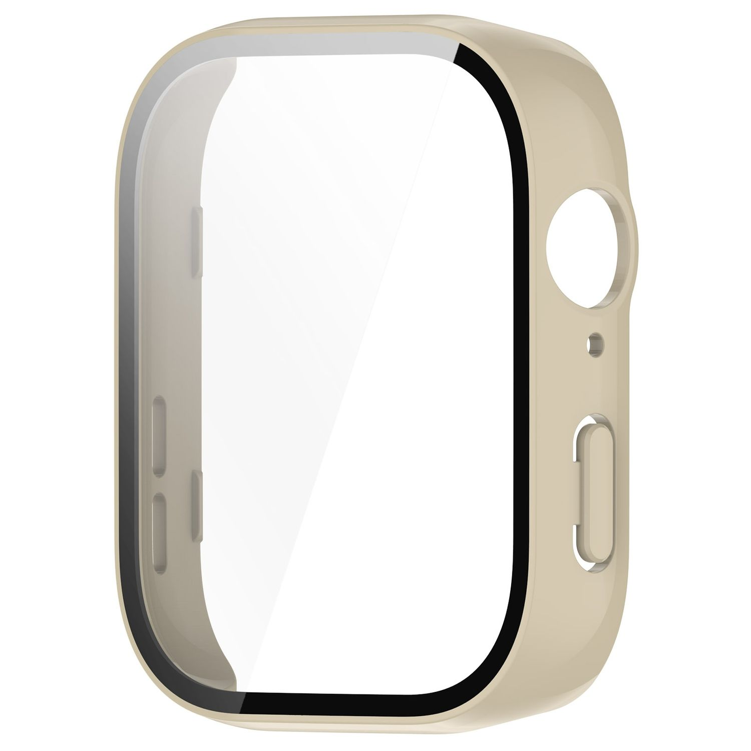 Hellbraune Uhrenhülle mit klarem Displayschutz, Seitenansicht.