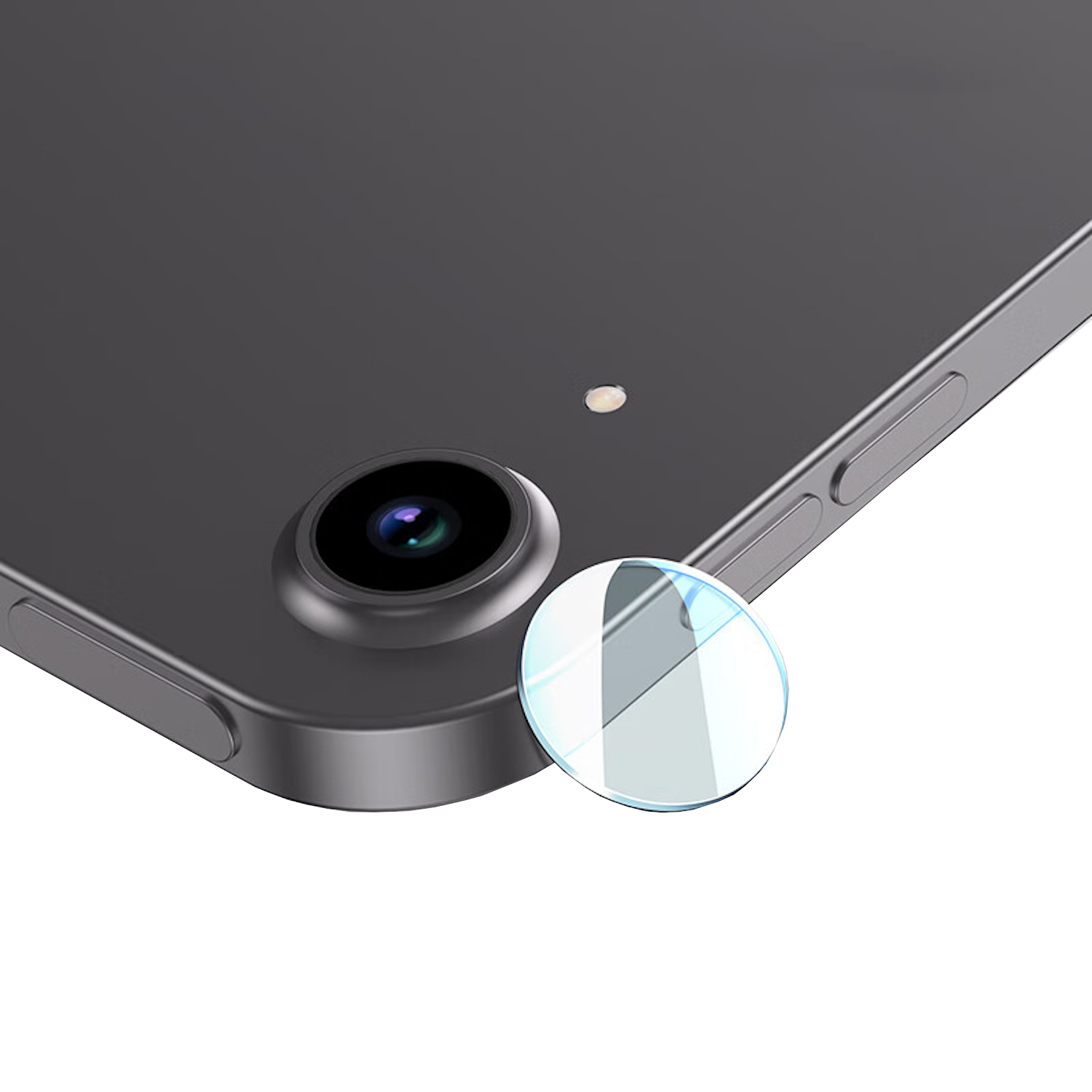 Nahaufnahme der Kameralinse eines Tablets mit Schutzhülle, vor grauem Tablet-Gehäuse.