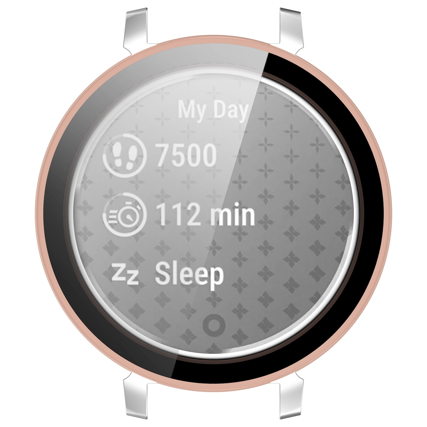 Smartwatch-Bildschirm zeigt Daten: Schritte, Zeit und Schlafdauer.