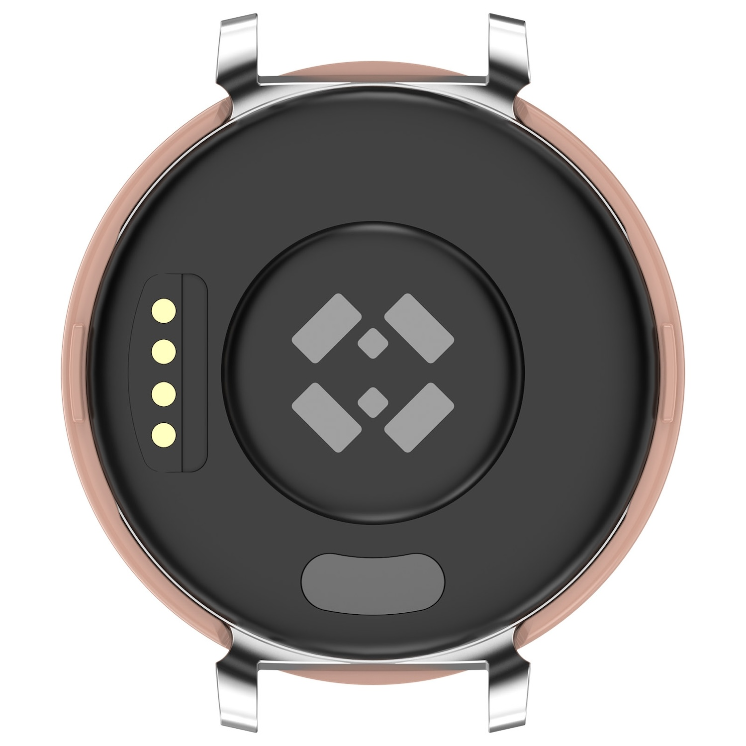Smartwatch-Rückseite: Metallgehäuse, schwarze Mitte, Ladepunkte und Sensoren.