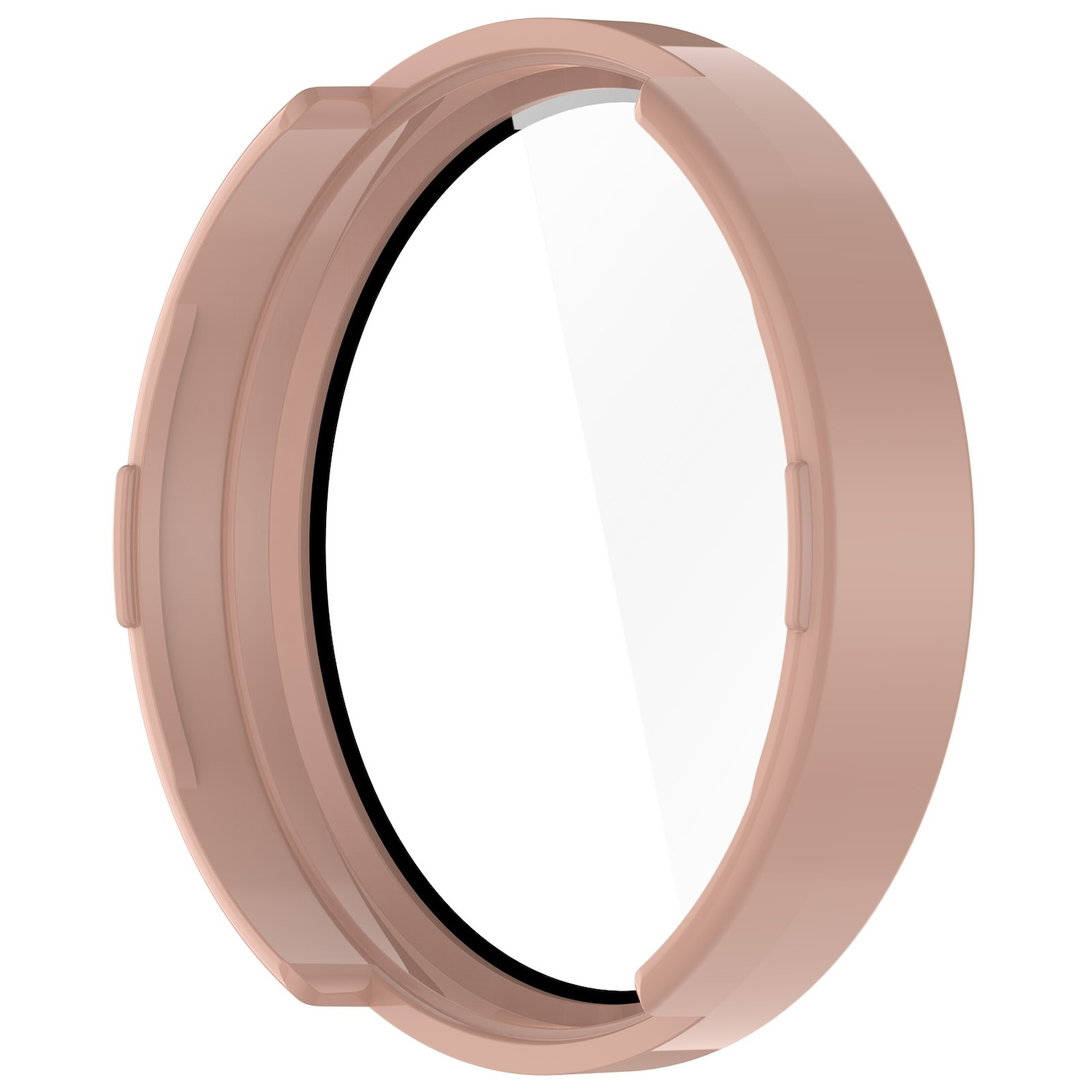 Roségoldfarbenes Gehäuse für eine Smartwatch, mit transparentem Glasbildschirm, isoliert.