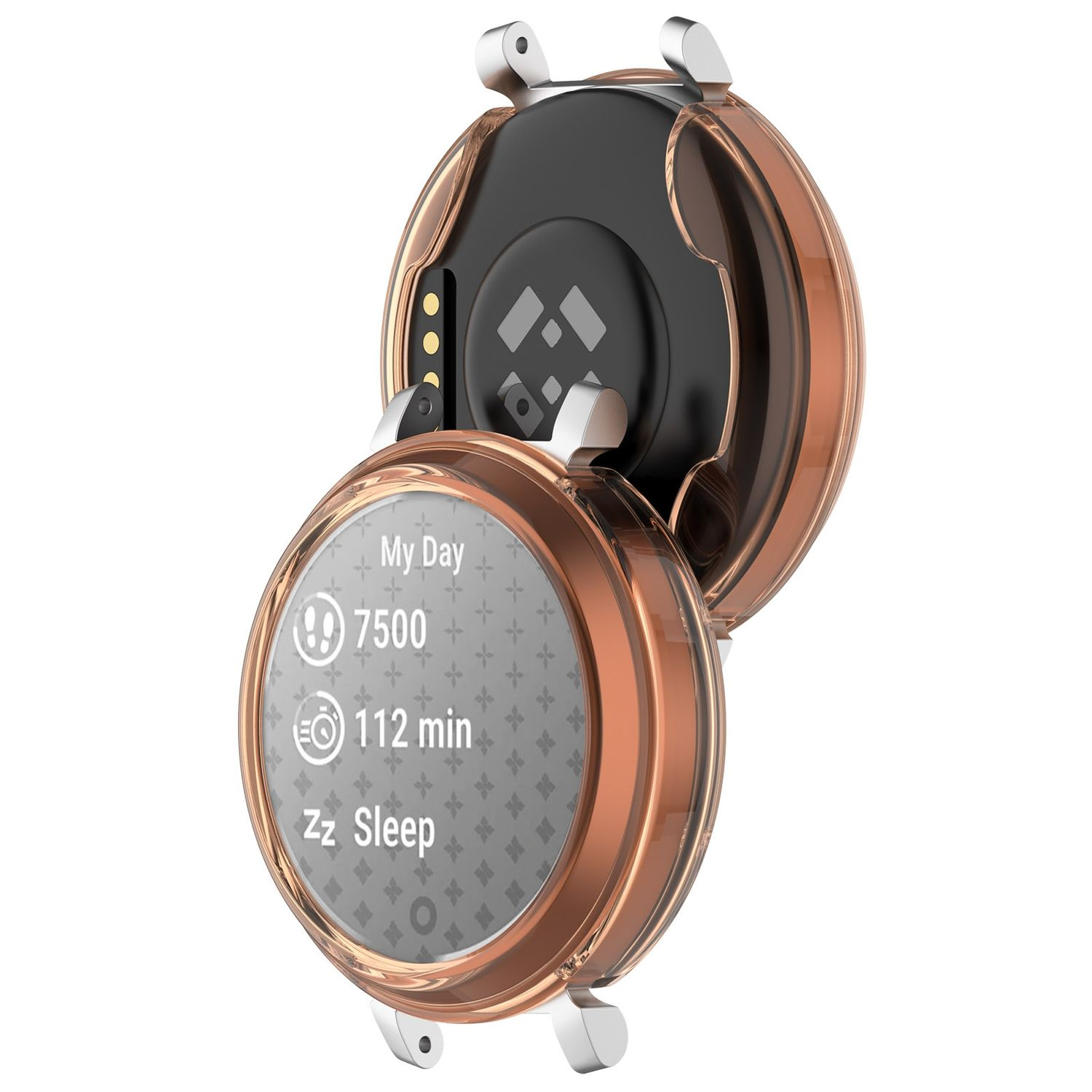Nahaufnahme einer Smartwatch. Sie hat ein roségoldenes Gehäuse und ein Display mit Gesundheitsdaten.