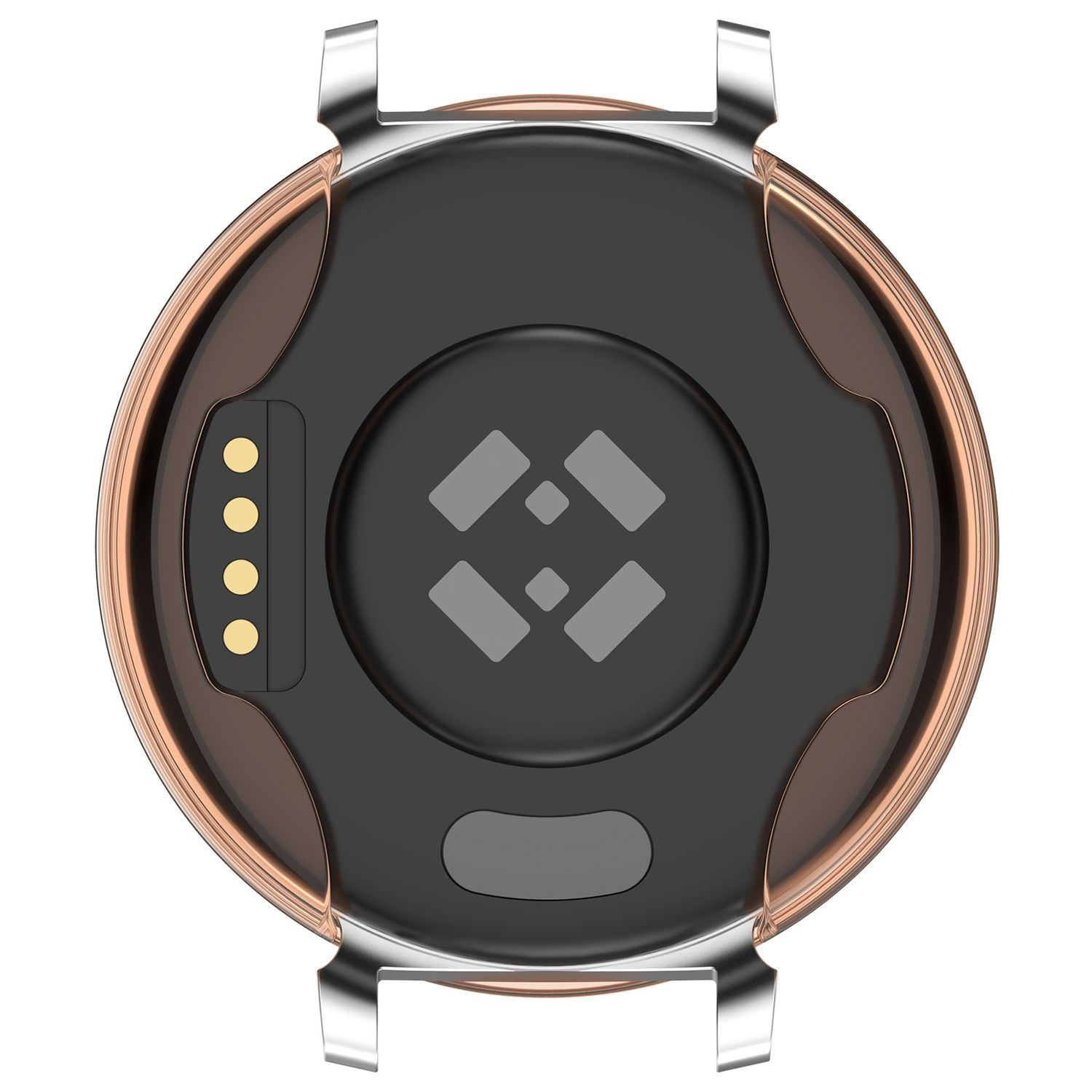 Die Rückseite einer Smartwatch. Sie hat eine schwarze Oberfläche mit goldenen Kreisen und vier goldenen Punkten.