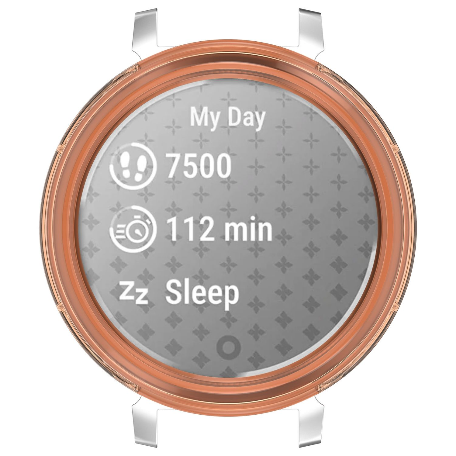 Smartwatch-Bildschirm zeigt Aktivitätsstatistiken: Schritte, Trainingszeit und Schlafdaten, in einer Uhr.