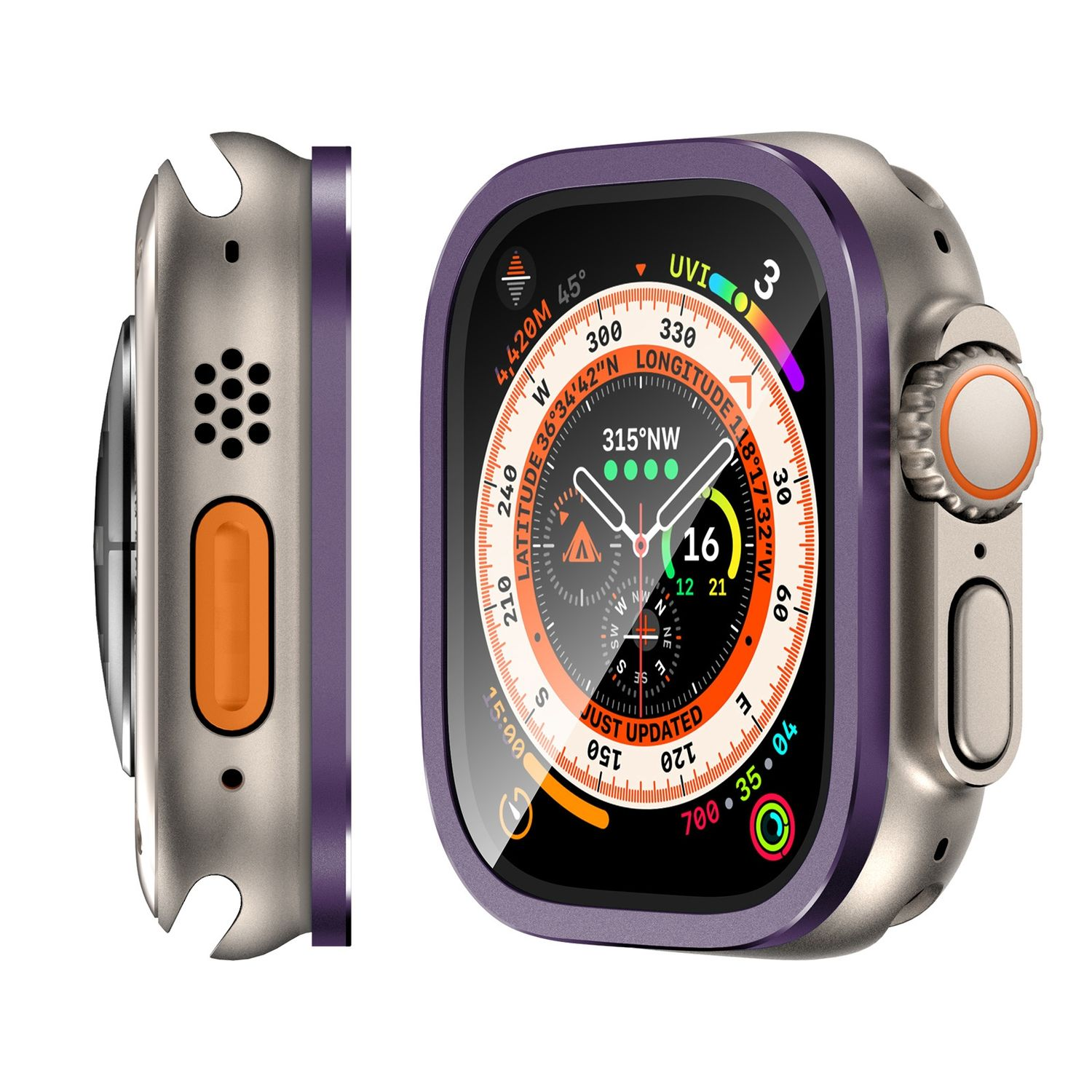 Apple Watch Ultra in grauem Gehäuse mit lila Akzent, zeigt Zeit und Daten.