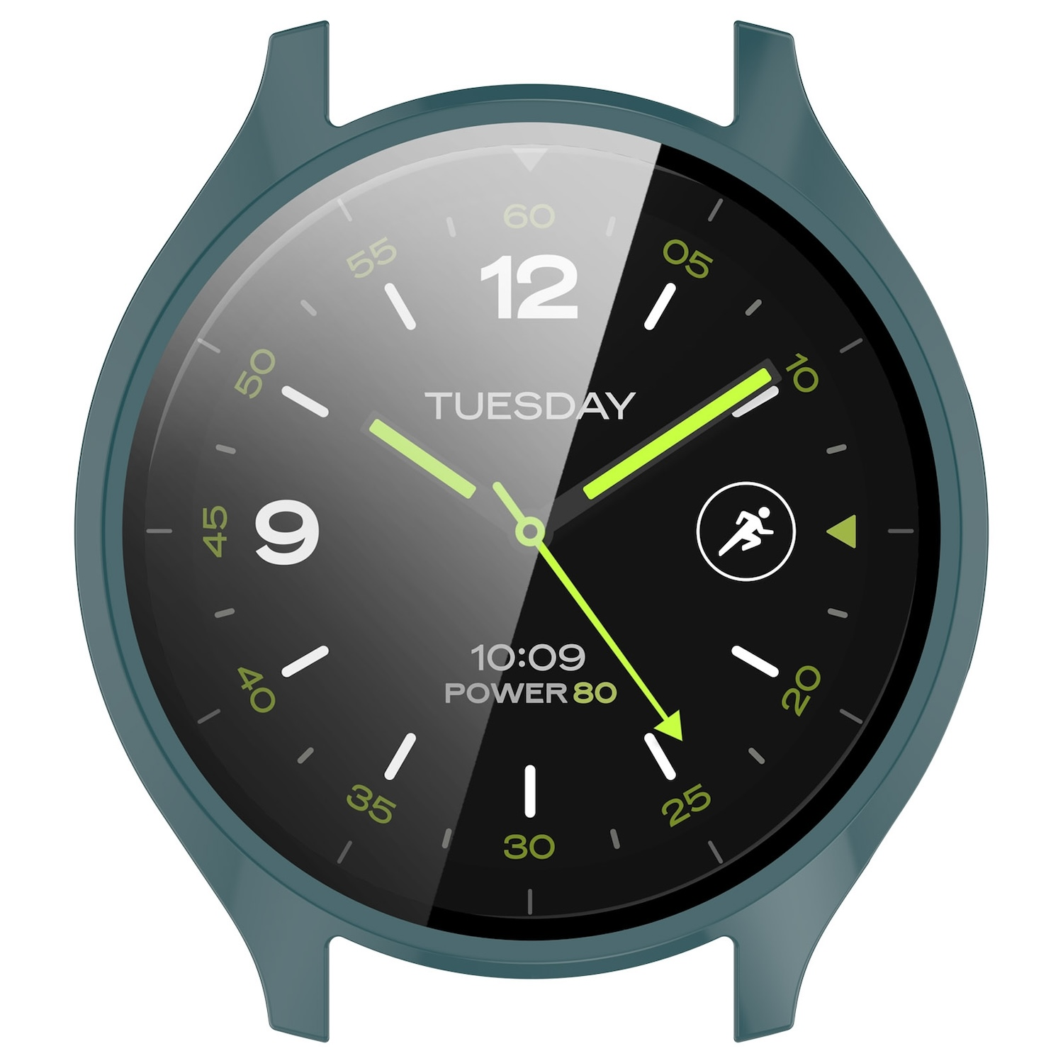 Smartwatch-Zifferblatt mit Uhrzeit, Datum und Aktivitätsmetriken, teal Rahmen.