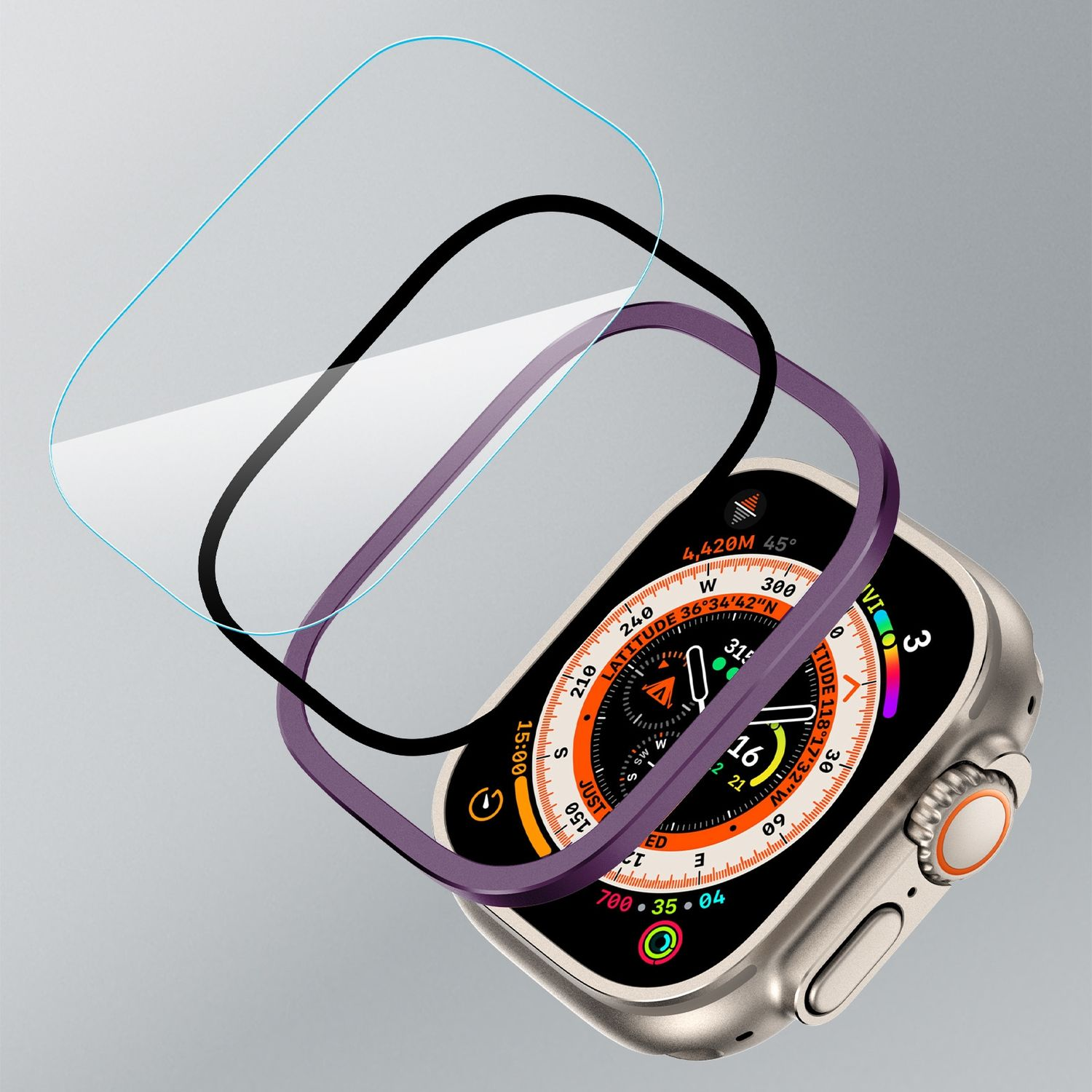 Eine Smartwatch mit Displayschutz und Schutzrahmen. Sie befindet sich auf einer hellgrauen Oberfläche.