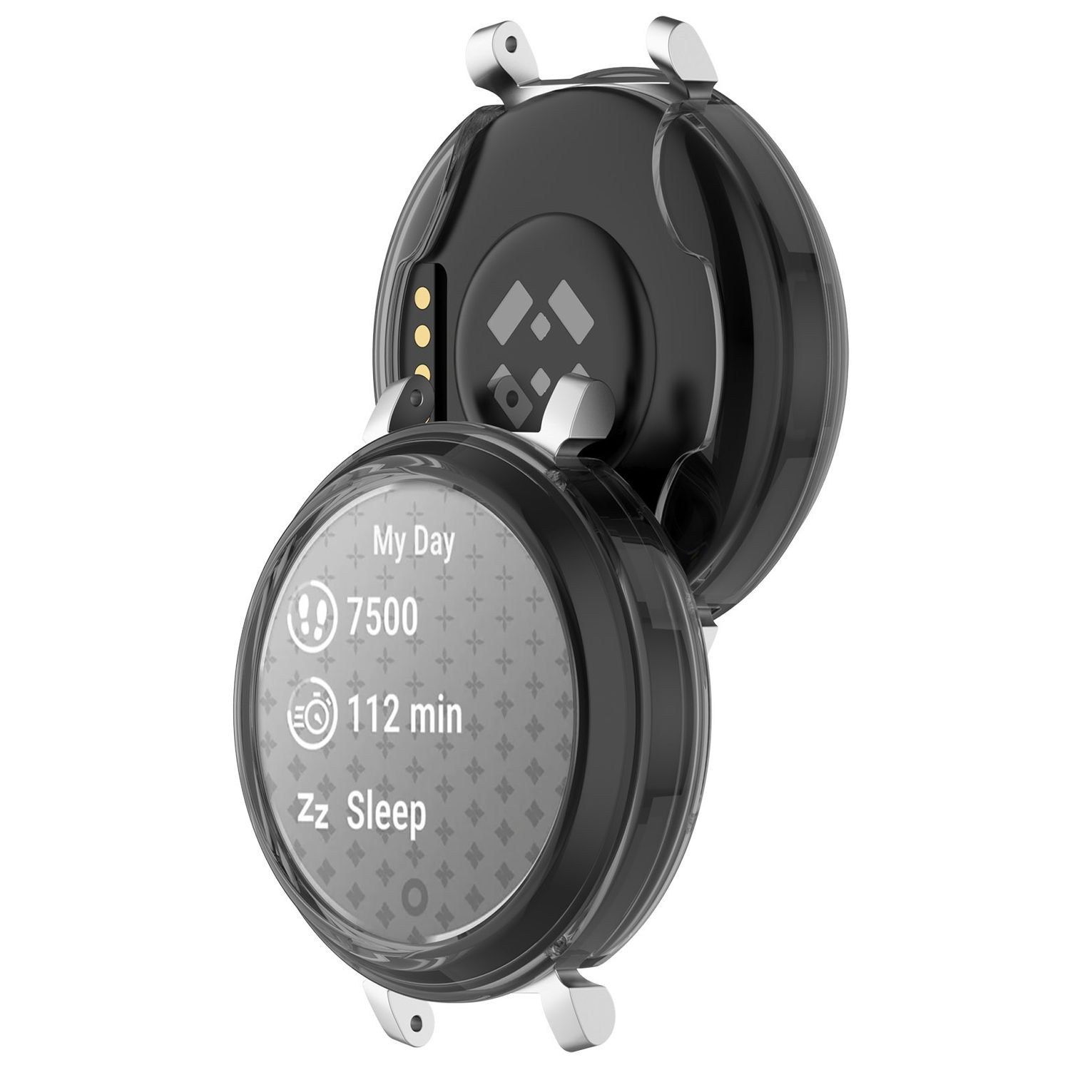 Eine schwarze Smartwatch, offen, die Fitnessdaten anzeigt: Schritte, Schlafzeit und andere Details.