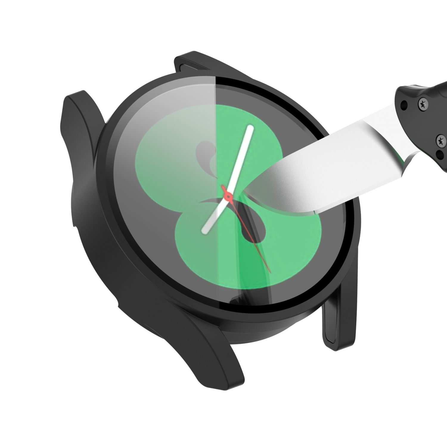 Schwarze Uhr mit grünem Display wird von einem Messer geschnitten. Der Bildschirm zeigt eine Digitaluhr.