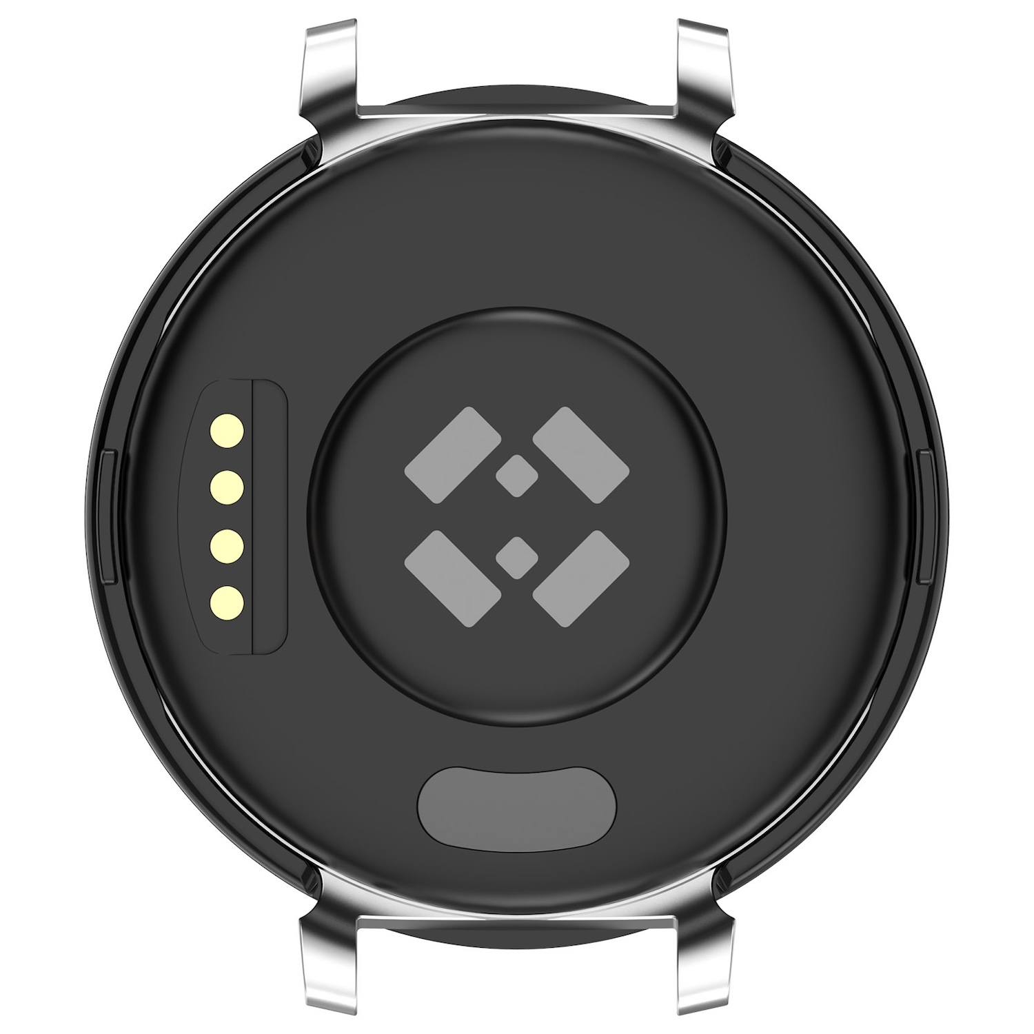 Rückansicht einer schwarzen Smartwatch mit Ladekontakten und Sensoren.