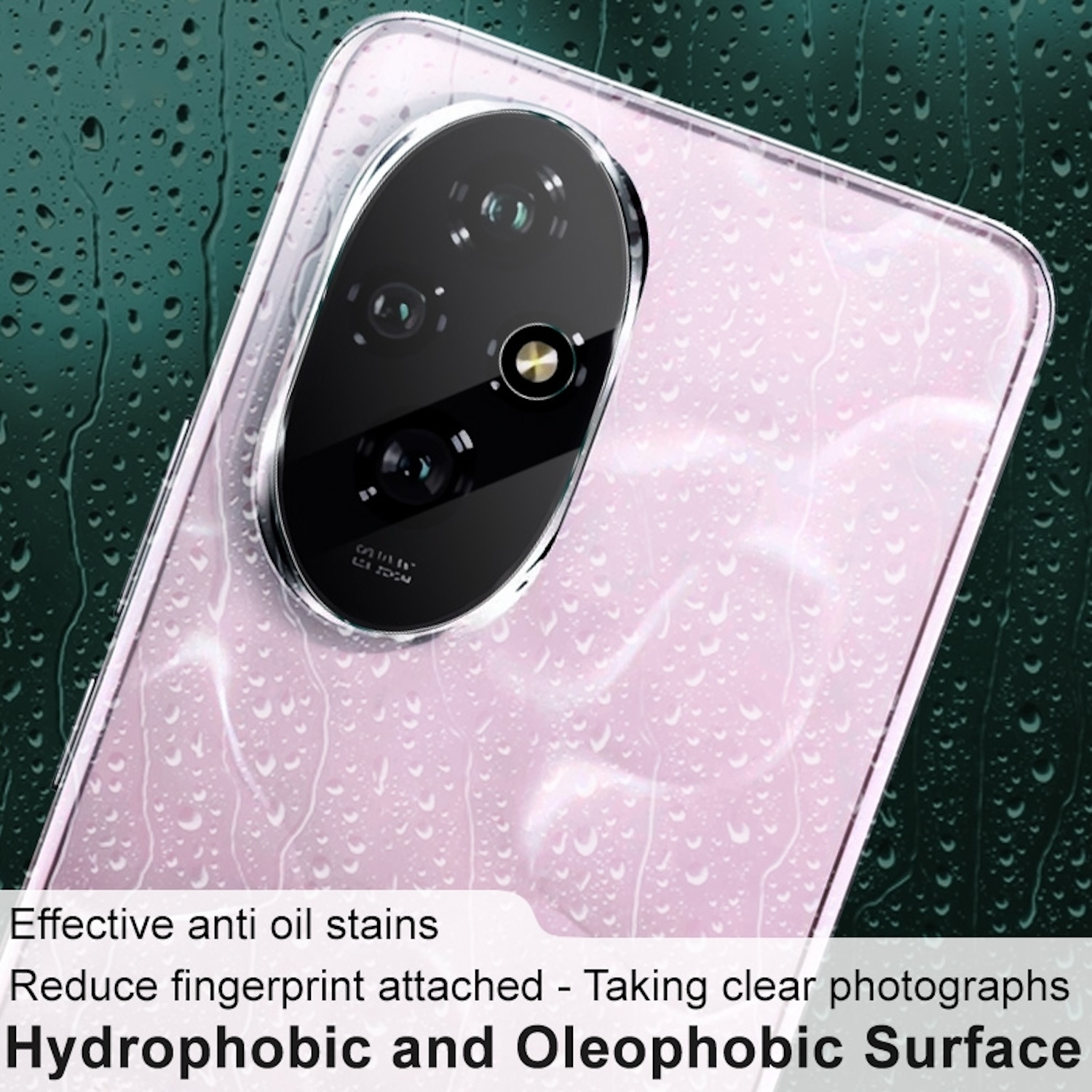 Telefono rosa con retro in vetro, coperto di goccioline d'acqua. Testo: Superficie idrofobica e oleofobica. Anti macchie d'olio.