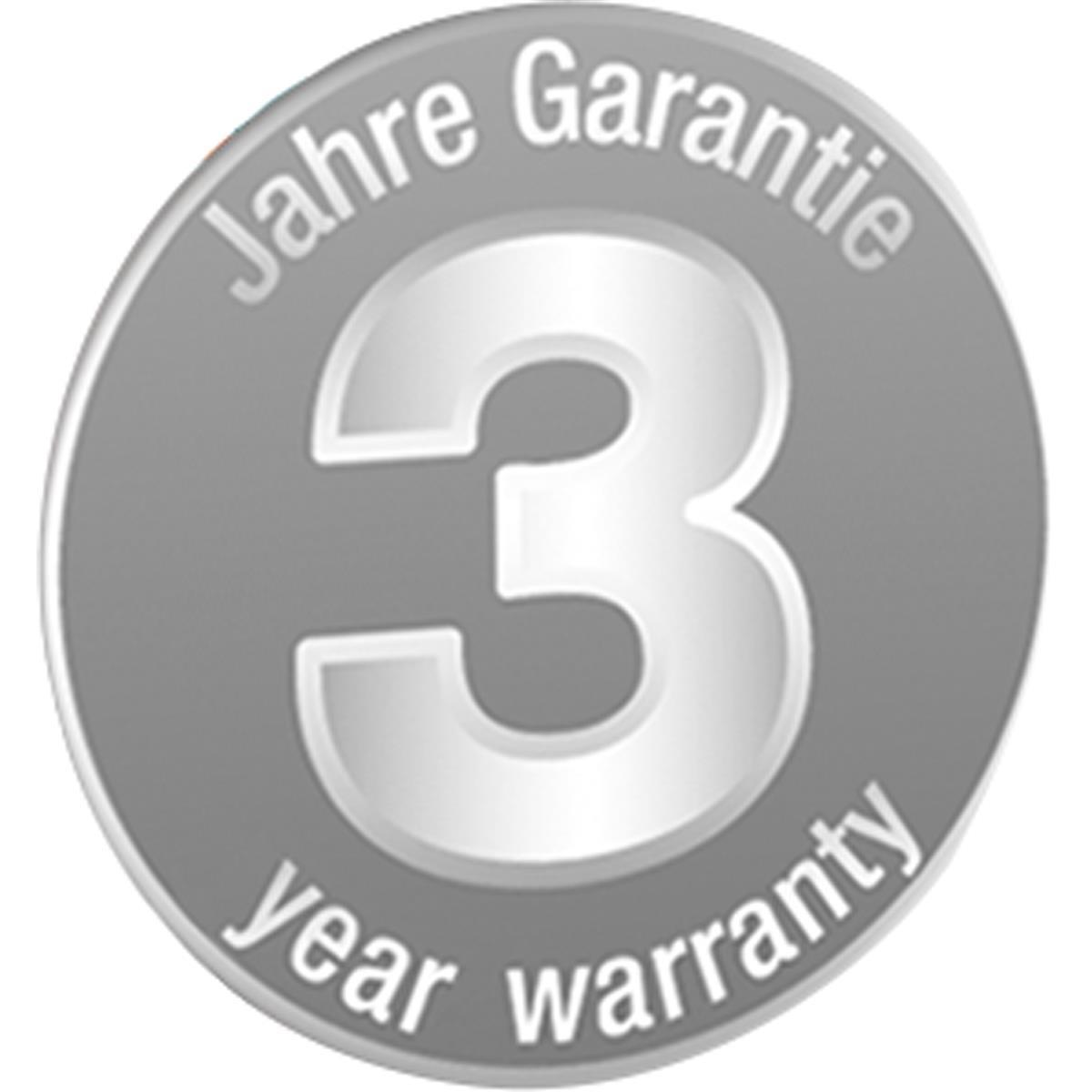 Szara odznaka z tekstem '3 lata gwarancji', w okrągłym wzorze na białym tle.