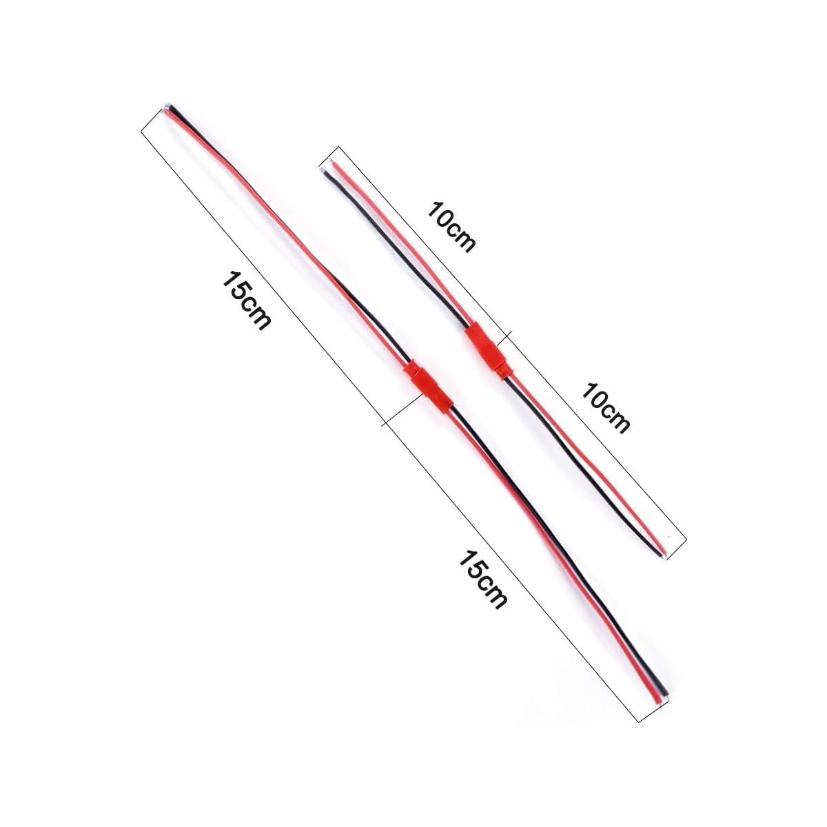 Zwei Sätze rot-schwarzer Drähte mit Messungen, eines 15 cm lang, das andere 10 cm, isoliert auf Weiß.