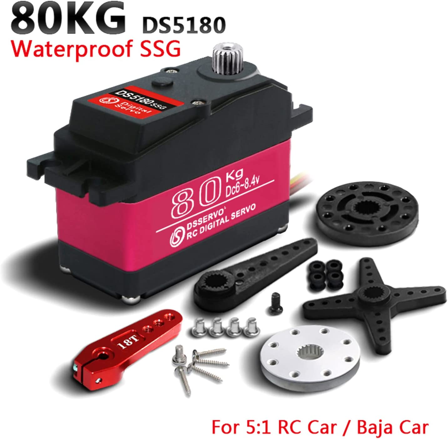 Ein roter und schwarzer Servomotor mit seinen Teilen. Text weist darauf hin, dass er wasserdicht ist und für 5:1 RC Car/Baja Car geeignet ist.