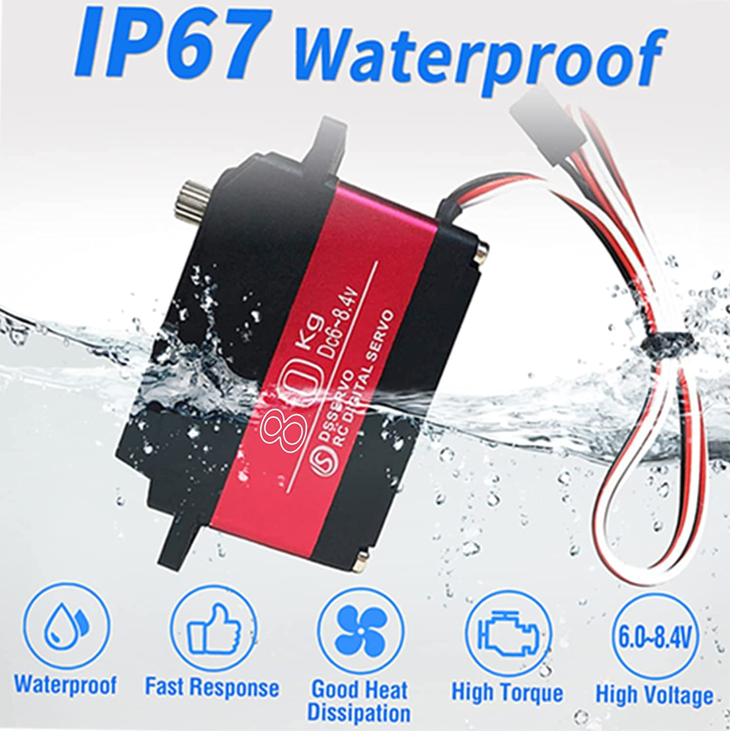 Ein schwarzes und rotes digitales Servo mit Text, der IP67 wasserdicht, schnelles Ansprechen und gute Wärmeableitung angibt.