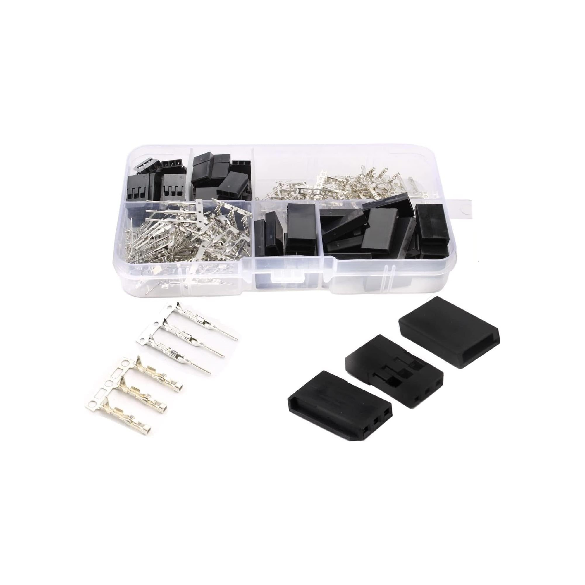 Elektronische Steckverbinder in einer Box. Verschiedene Größen und Typen. Silber und schwarz.